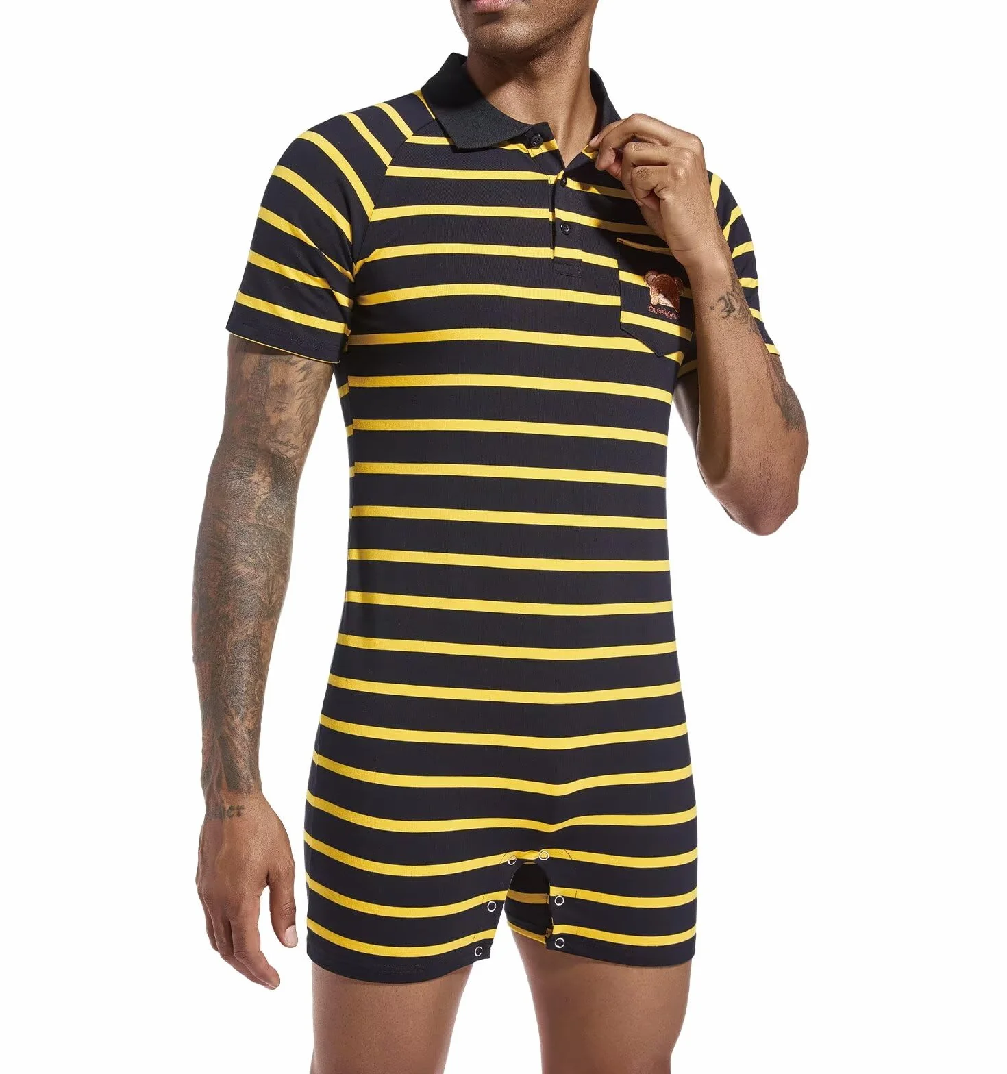 Landofgenie Onesie Piżama Męskie Krótki Rękaw Bawełniany Romper Jednoczęściowy Body Striped Romper dla Mężczyzn
