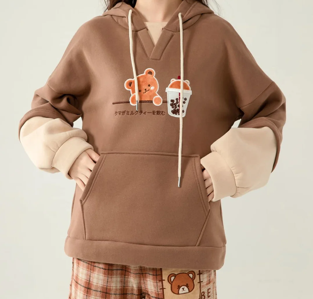 Kawaii bluza z kapturem dla nastolatków, uroczy niedźwiedź, mleko, herbata, łata, haft, pulower, topy z kapturem, dwuczęściowy, aksamitne luźne bluzy z kapturem, Brązowy, Jeden rozmiar