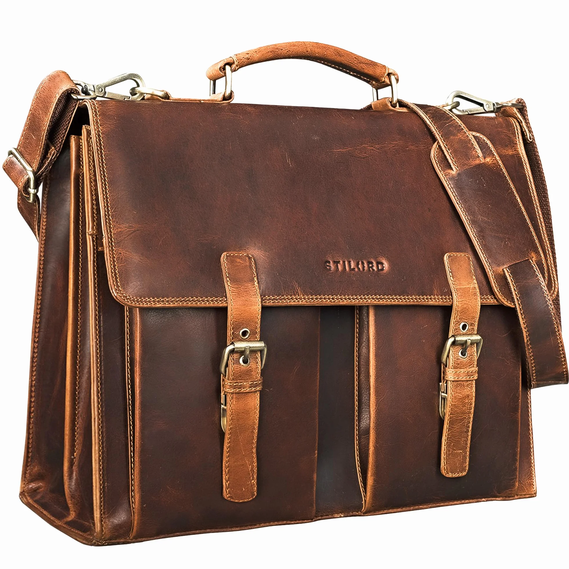 STILORD "Detroit" Skórzana Torba Biznesowa Męska Duża Aktówka Vintage z Przegrodą na Laptop 16 Cali Elegancka Torba na Ramię XL ze Skóry Kolor:kara - koniak