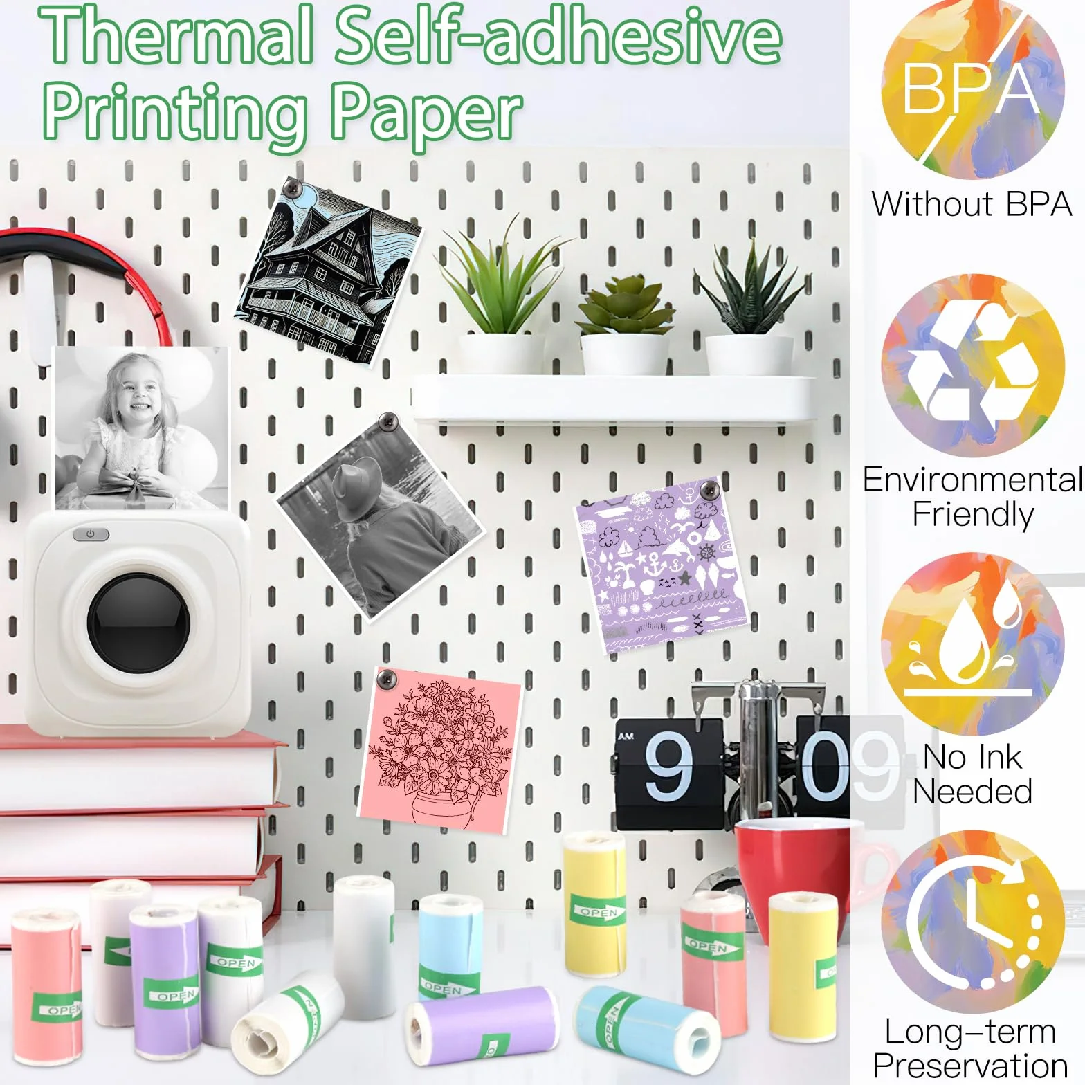 12 rolek papieru termicznego samoprzylepnego, 5 kolorowych mini drukarek naklejkowych, 57 x 25 mm papier termiczny do dziecięcych aparatów do natychmiastowego drukowania i mobilnego druku zdjęć