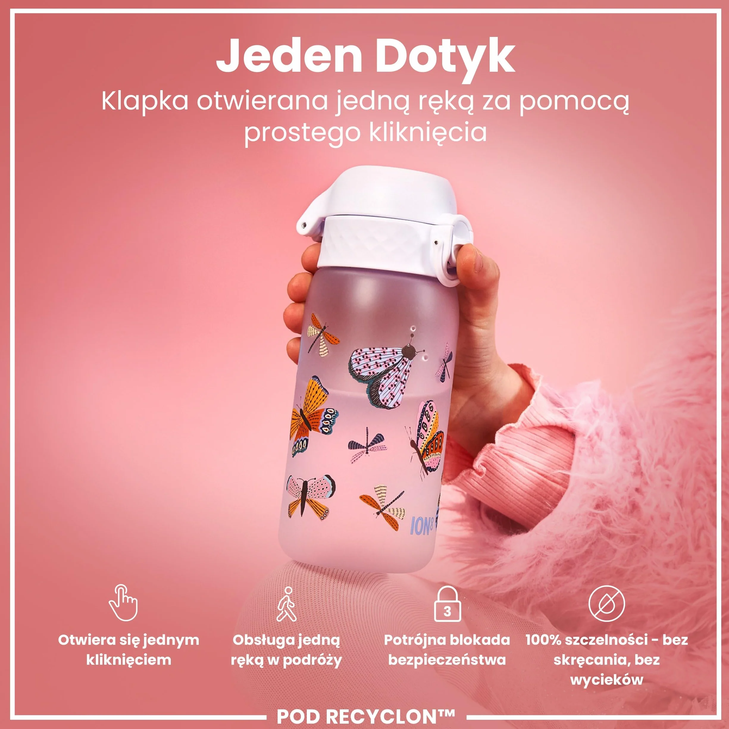 ION8 Butelka dla Dzieci, 350 ml/12 oz, Szczelna, Łatwa do Otwarcia, Bezpieczny Zamek, Można Myć w Zmywarce, Bez BPA, Uchwyt do Przenoszenia, Łatwa do Czyszczenia, Bezwonny, Wzór Motyle