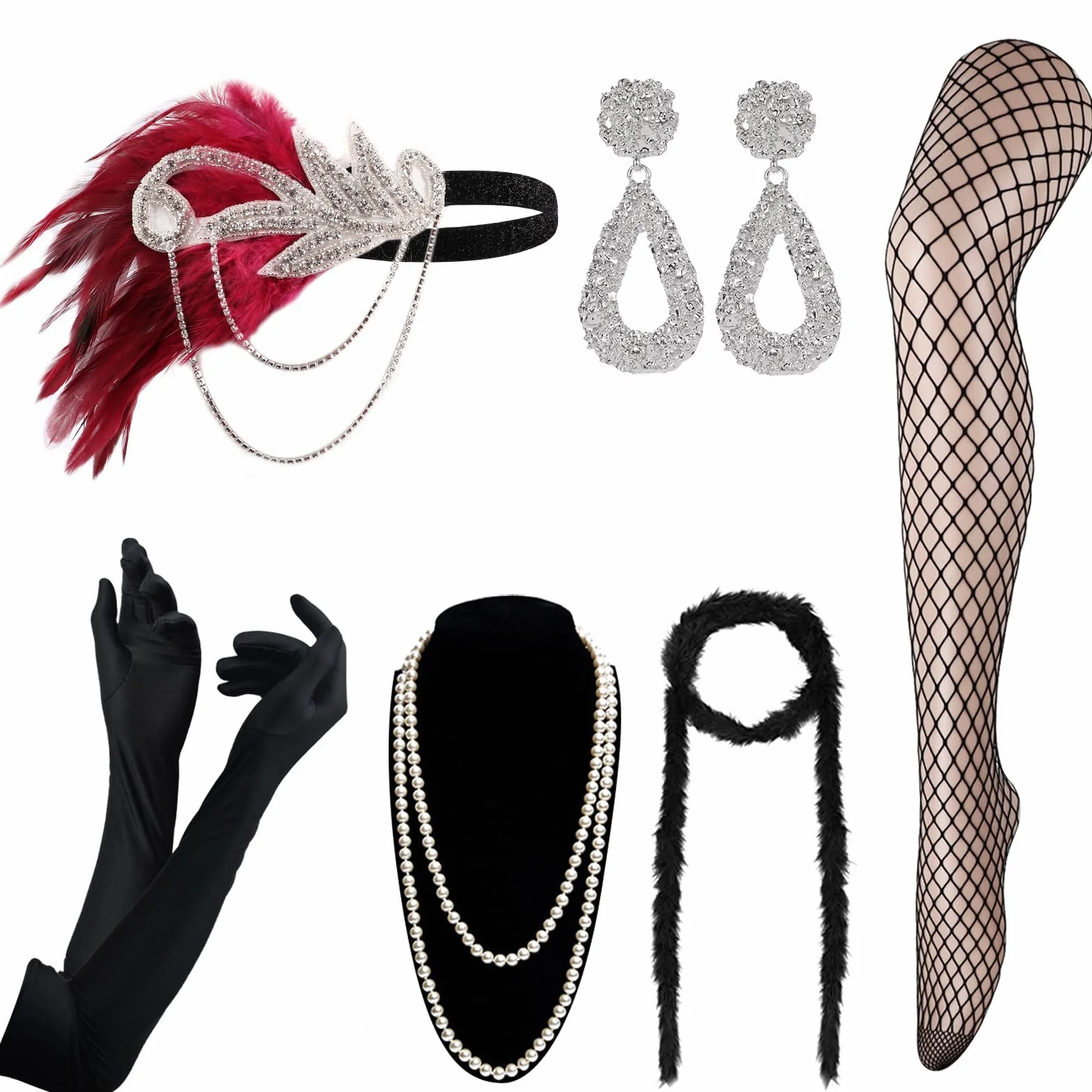 DRESHOW 1920s Flapper Gatsby Zestaw Akcesoriów Kostiumowych Vintage Opaska na Głowę Kolczyki Naszyjnik Rękawiczki