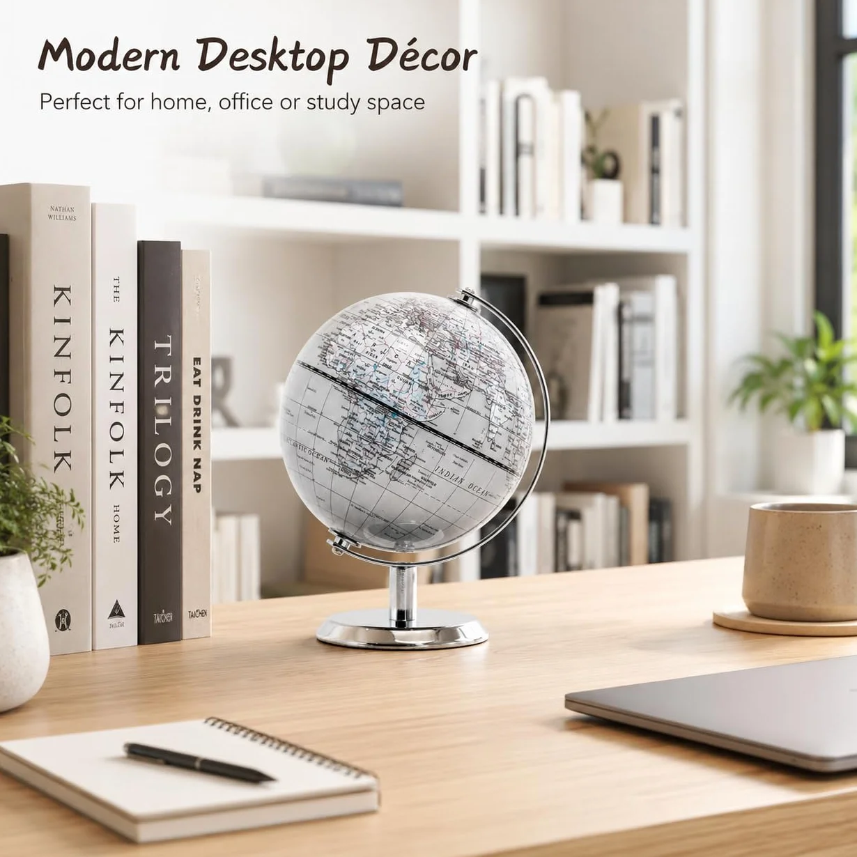 14 cm globus świata srebrny - mini globus edukacyjny/geograficzny/nowoczesna dekoracja biurka - łuk i podstawa ze stali nierdzewnej - srebrnoszary