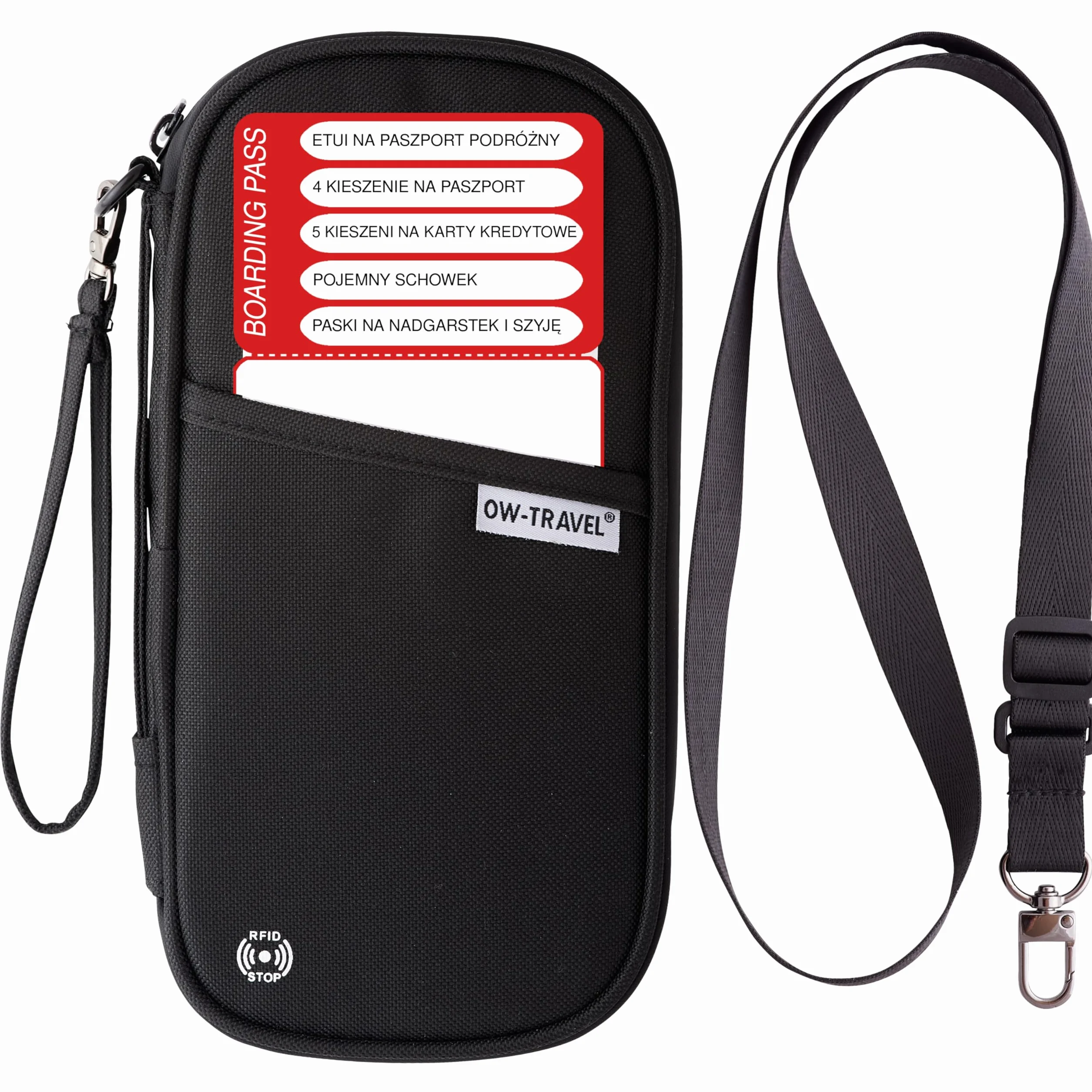OW-Travel Etui na Paszport i Dokumenty (czarny) z ochroną RFID. Pojemne etui na paszport 4 paszporty na bilety lotnicze. Dołączone paski na nadgarstek i szyję bez użycia rąk