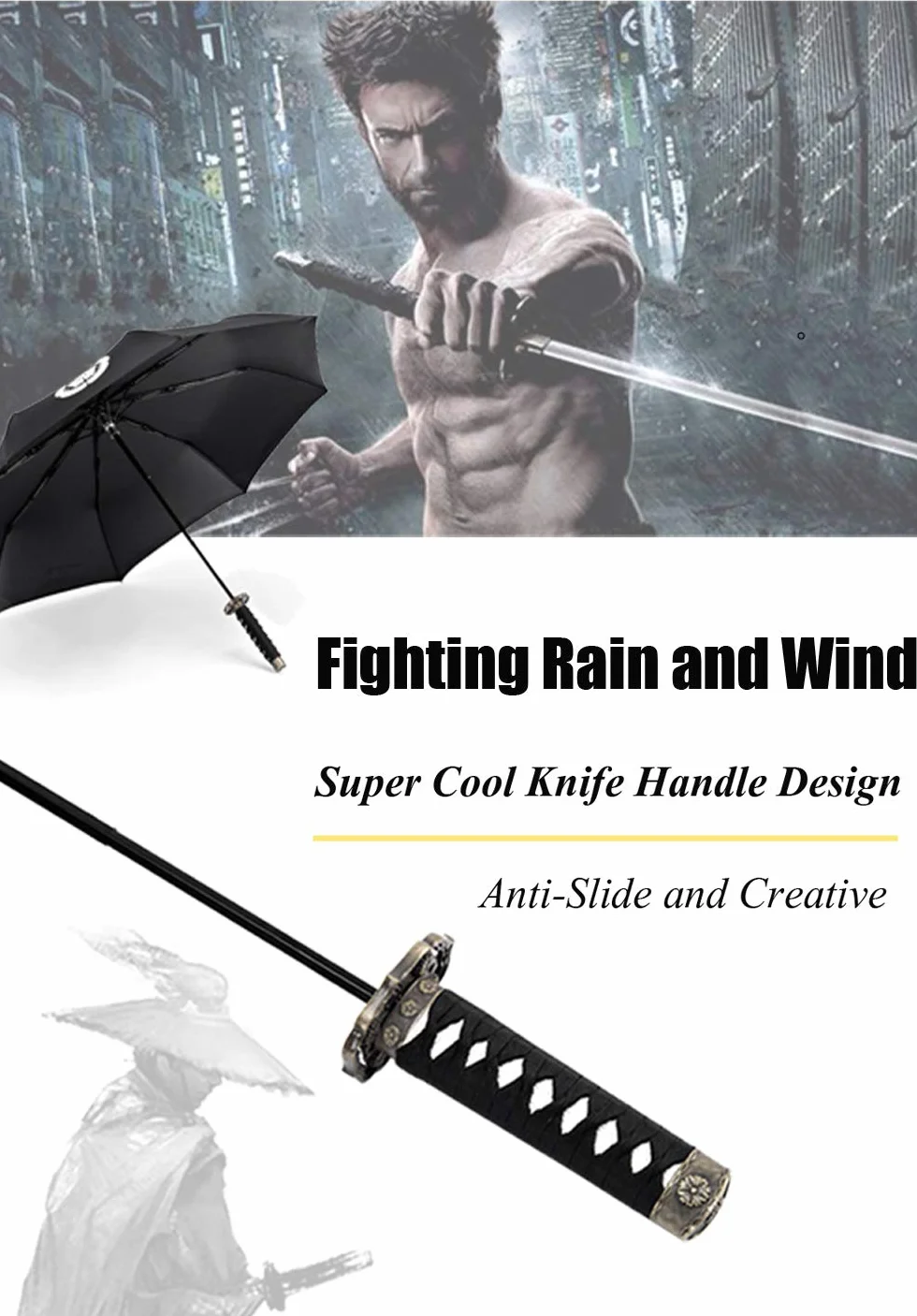 Cool Lemon Samuraj katana mistrz miecz rękojeść składany parasol anime przenośny podróżny japoński ninja kompaktowe parasole wiatroszczelne, czarny klej przeciw UV, biznesowy prezent urodzinowy dla