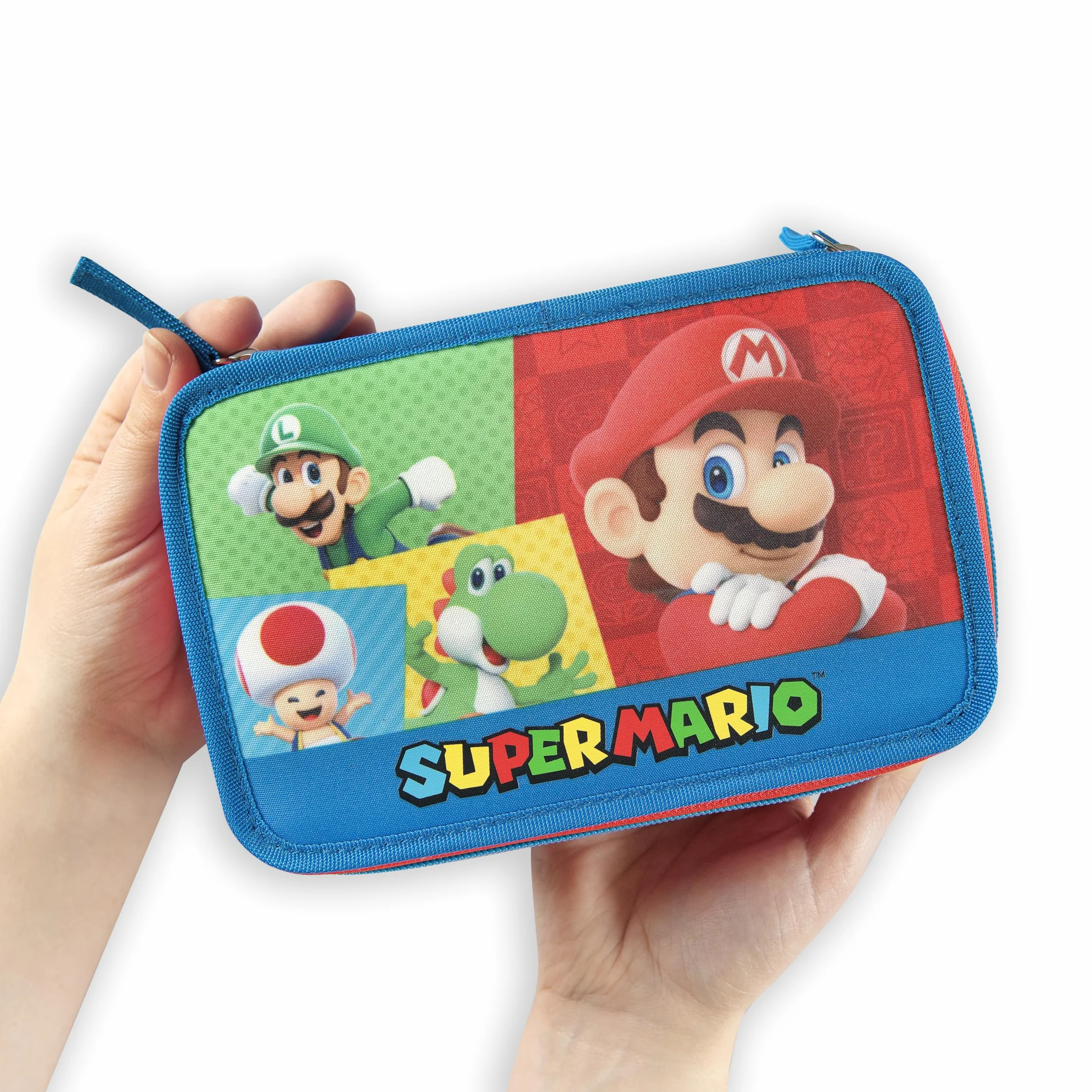 Franco Cosimo Panini SUPER MARIO - Oficjalny piórnik Super Mario, 3 przegródki dla chłopców i dziewczynek, z zestawem na artykuły pa, niebieski ścieralny długopis i praktyczne zamknięcie na