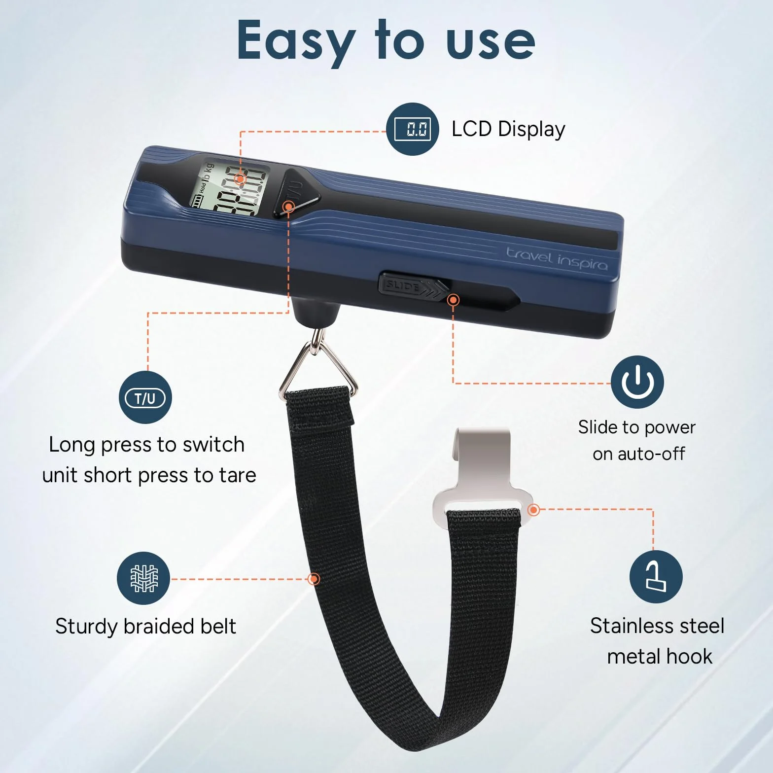 travel inspira Waga podróżna bez baterii, cyfrowa waga podróżna z wyświetlaczem LCD, waga bagażowa do 50 kg/110 lb, cyfrowa waga bagażowa z haczykiem, tara, automatyczne wyłączanie, do podróży i