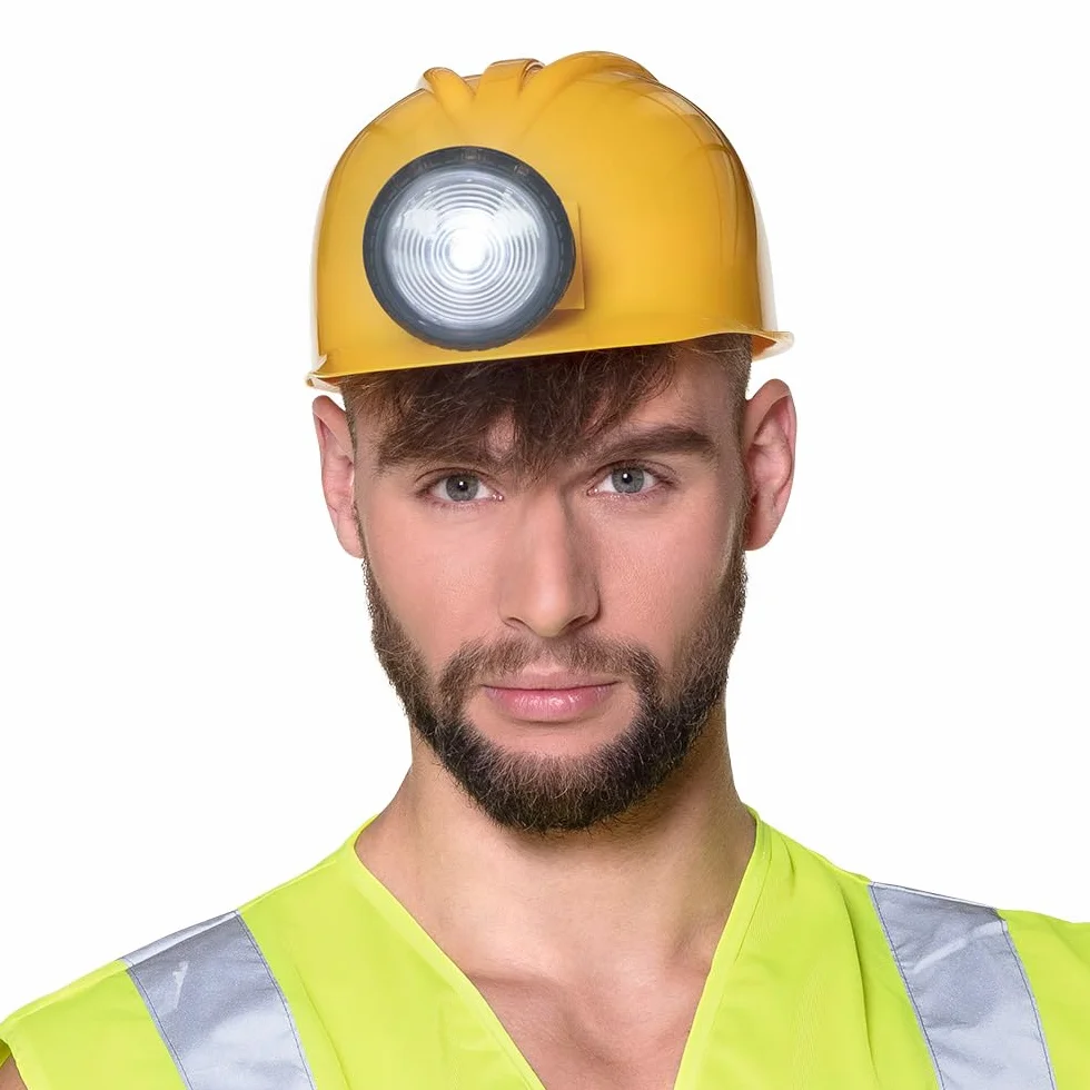 Boland 01414 - kask budowlany ze światłem, żółto-czarny, dla dorosłych, regulowany rozmiar, plac budowy, kostium, karnawał, impreza tematyczna