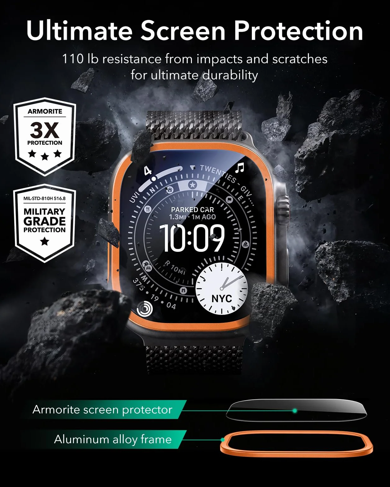 ESR Armorite Folia ochronna do zegarka Apple Watch Ultra 2/1 (2024/2023/2022, 49 mm), ochrona wyświetlacza z hartowanego szkła z aluminiową ramą, ochrona na całej powierzchni, pomarańczowa, 2 sztuki