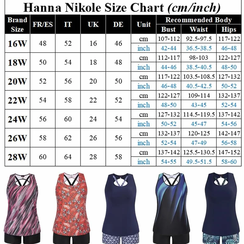 Hanna Nikole Tankini damski, sportowy, duże rozmiary, trójczęściowy, z wyciętym zbiornikiem, górna część z szortami typu push up, kostium kąpielowy damski
