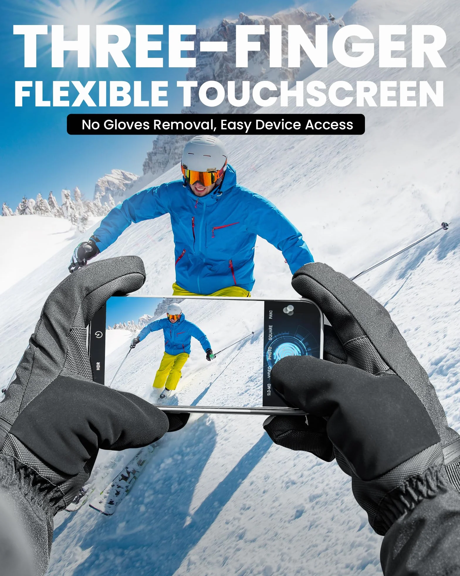 OutdoorMaster Rękawice narciarskie dla kobiet i mężczyzn, 3M Thinsulate zimowe ciepłe rękawice snowboardowe ekran dotykowy, termiczne, wodoodporne, z podwójną kieszenią, do jazdy na nartach