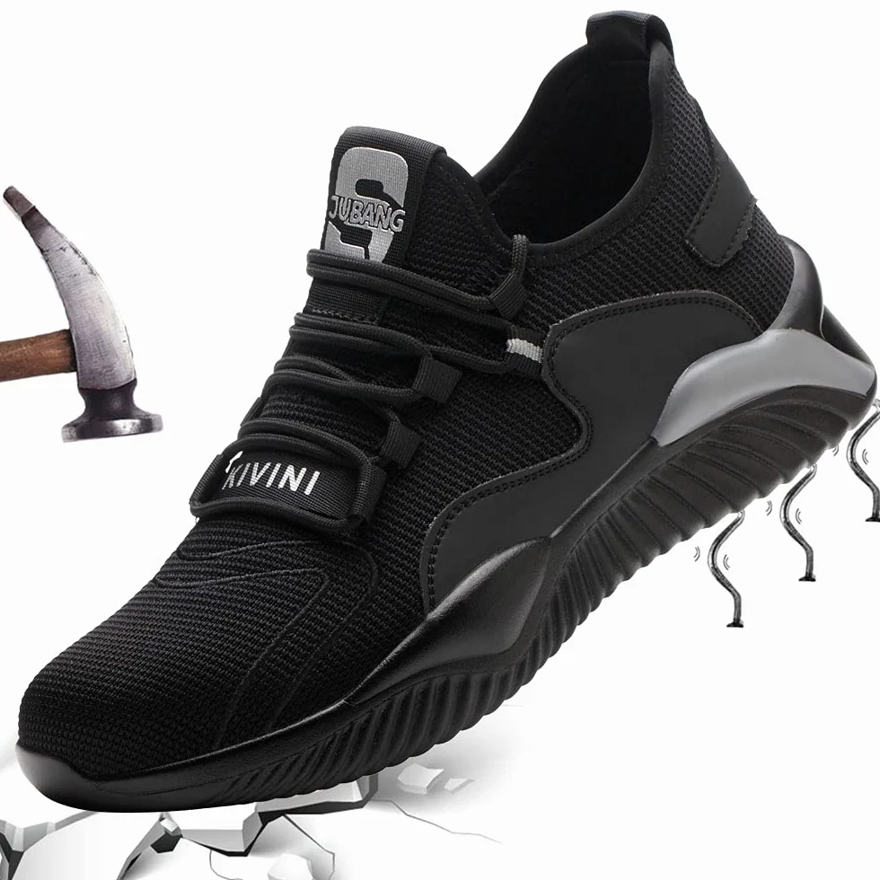 Buty ochronne, dla kobiet i mężczyzn, buty robocze ze stalowym noskiem, lekkie, bezpieczne, sportowe, oddychające, stylowe sneakersy, również do trekkingu, czarny i szary, 43 EU