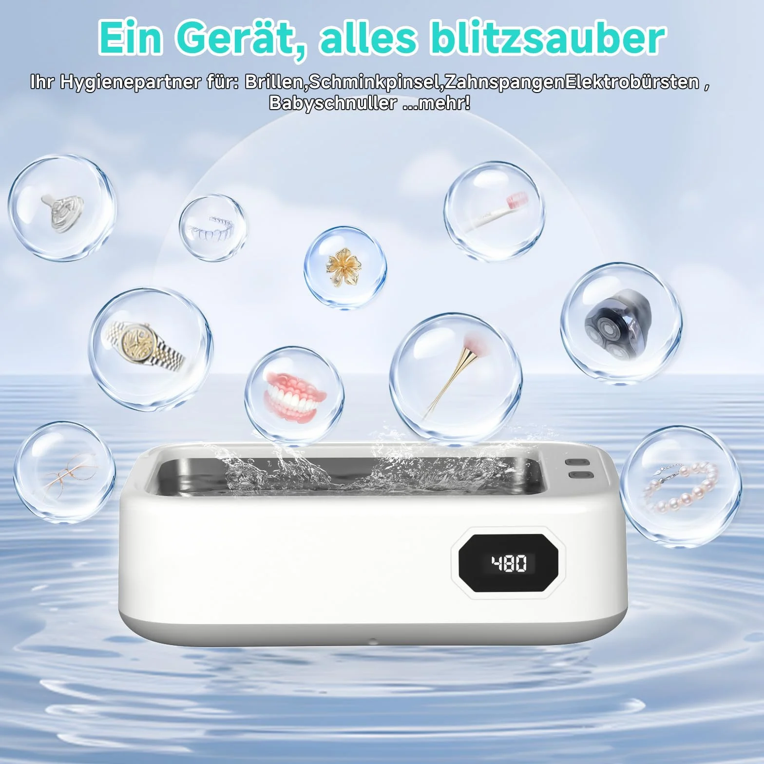 Ultradźwiękowe urządzenie czyszczące 640ml z 5 trybami, 49 000 Hz, 40W - do okularów, biżuterii, monet, protez zębowych (z pęsetą i ściereczką)​ (Biały)
