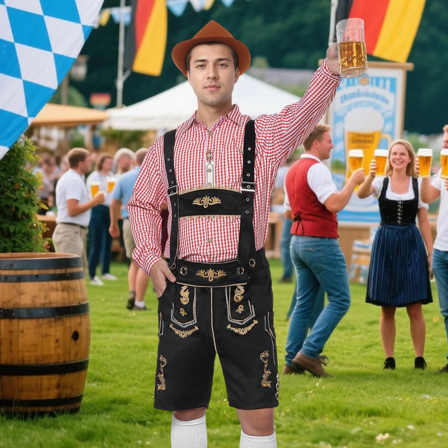 Strój męski na Oktoberfest, bawarski tradycyjny strój męski na Oktoberfest z tradycyjnymi skórzanymi spodniami, kapeluszem i skarpetkami na karnawałową imprezę cosplay (Czarny, L)