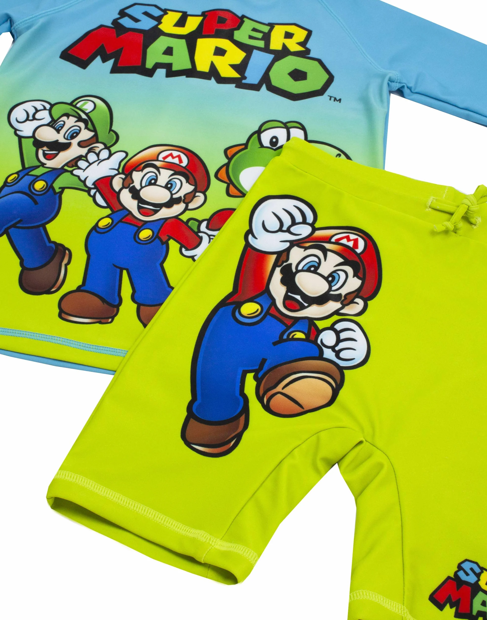 Super Mario Strój kąpielowy dla chłopców | niebiesko-zielony dwuczęściowy strój kąpielowy z szortami | dziecięcy kostium kąpielowy dla graczy UV50+ bezpieczny dla słońca