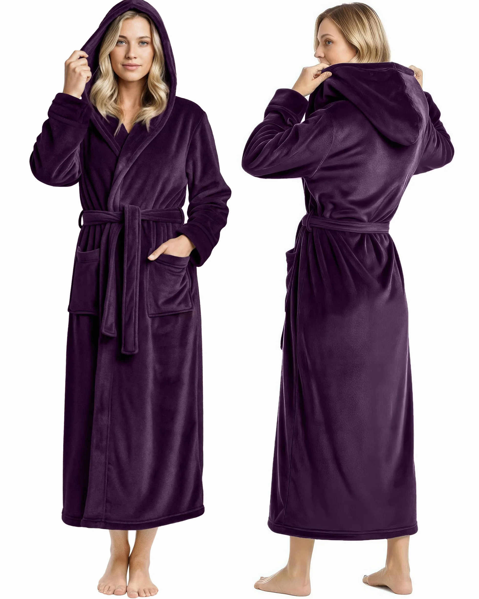 NY Threads Damski polarowy szlafrok z kapturem, pluszowy, długi szlafrok spa, Śliwka, M