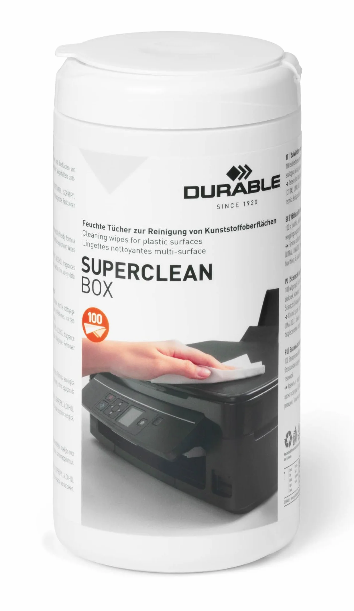 Durable 570802 Ściereczki do plastiku Superclean Box, 100 sztuk w pojemniku.