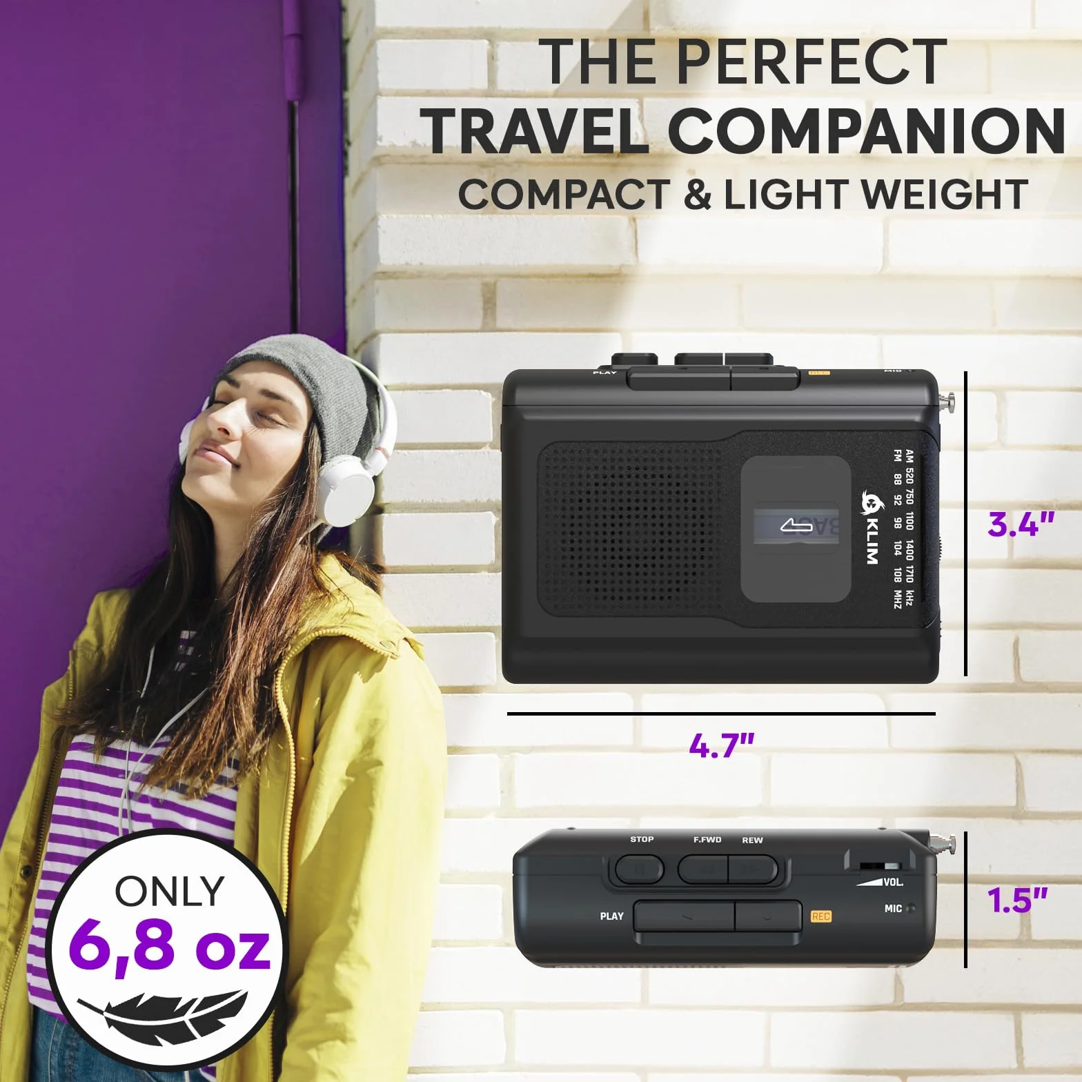 KLIM K8 Audio Cassette Recorder - NOWY odtwarzacz kasetowy, odtwarzacz kasetowy AM/FM, wbudowany mikrofon i głośnik, gniazdo słuchawkowe