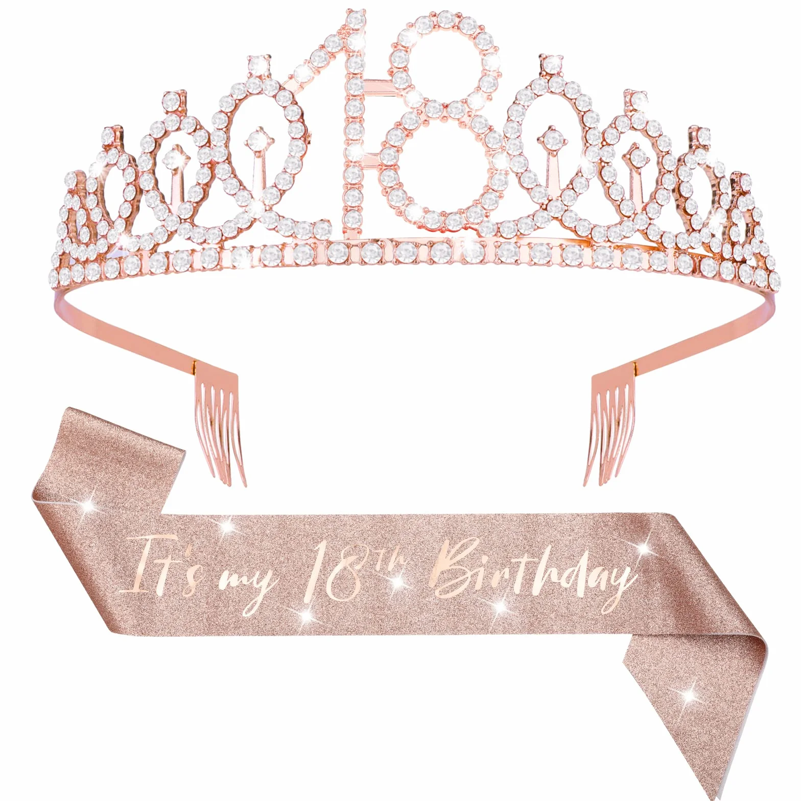 Abeillo 'It's My 18th Birthday' szarfa i tiara zestaw dla dziewcząt - korona w kolorze różowego złota i bajeczna dekoracyjna satynowa szarfa - artykuły imprezowe i prezenty