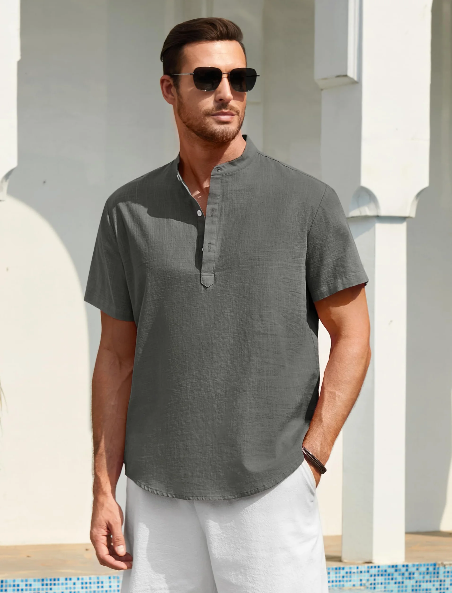 Lniana koszula męska z krótkim rękawem na lato, koszula casual ze stójką (kołnierzem Mao) w stylu ibicenskim, zapinana na guziki, jednokolorowa odzież S-4XL
