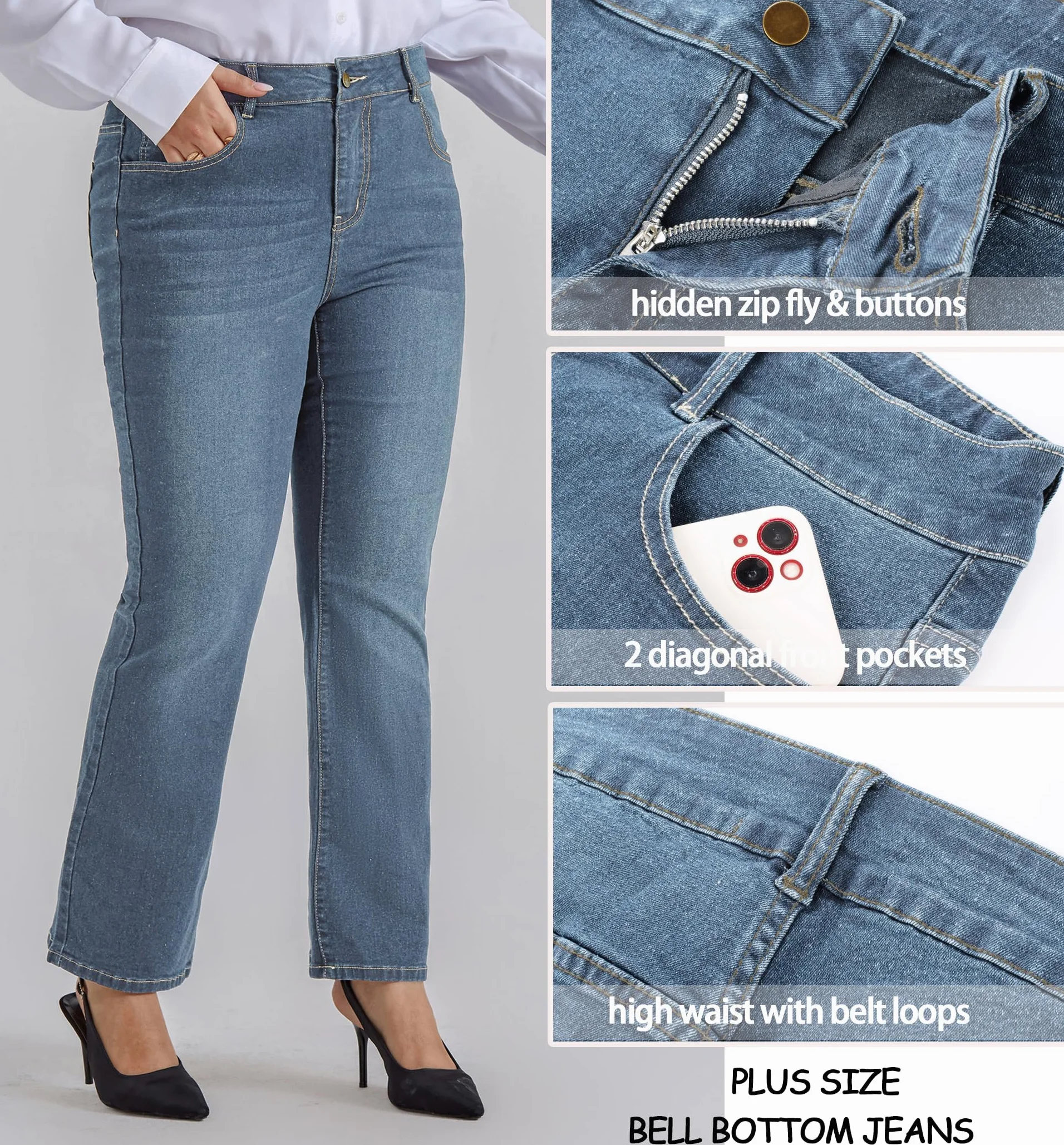 Hanna Nikole Dżinsy damskie, duże rozmiary, bootcut, wysoka talia, elastyczne dżinsy Bootcut