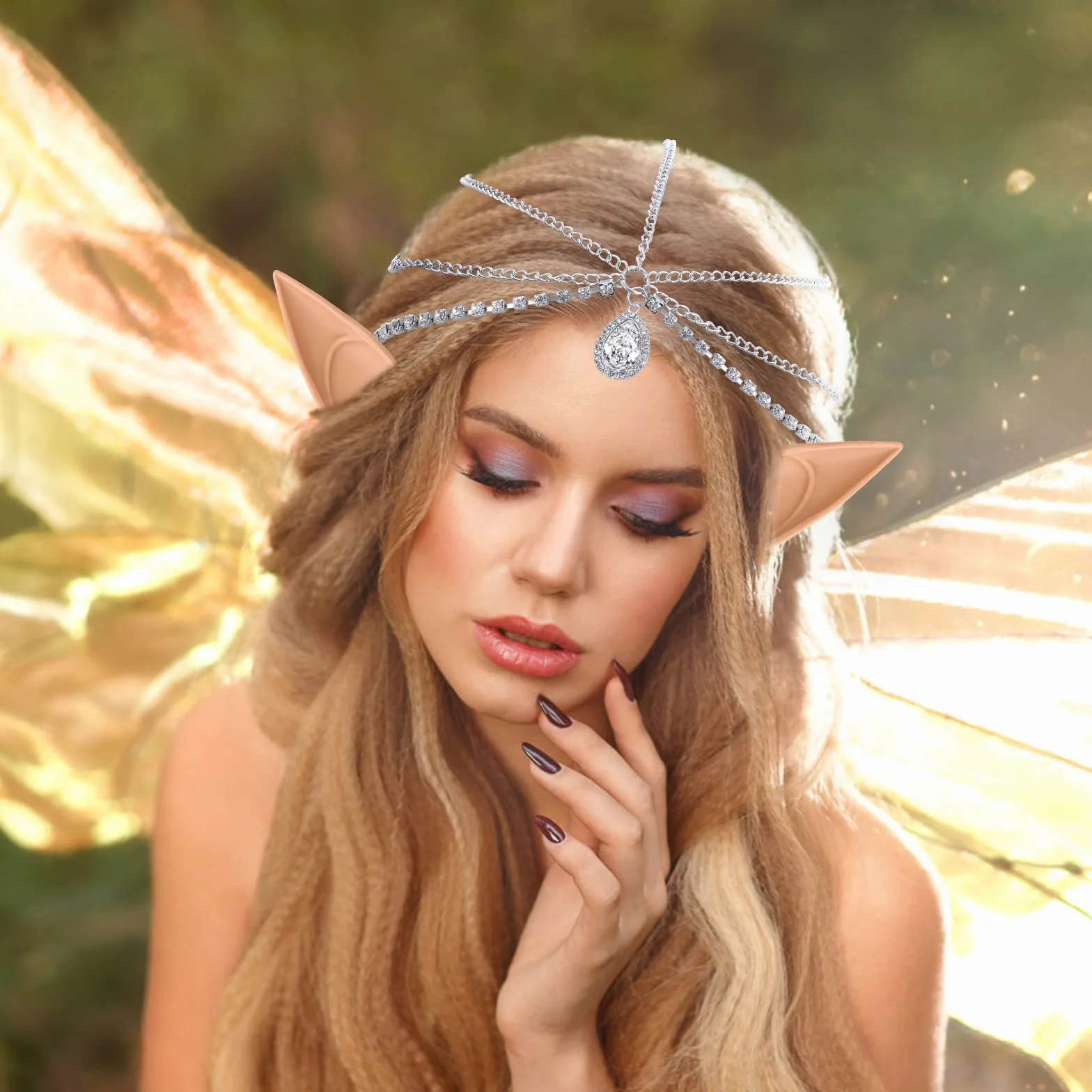 Lusofie Uszy elfa, łańcuszek z księżycem, w stylu retro, stras, akcesoria do włosów, na cosplay, imprezę, anime, bal maskowy
