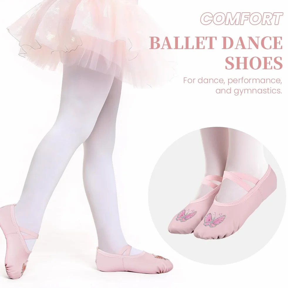 Buty baletowe dla dziewczynek – lekkie buty baletowe ze skórzaną podeszwą, różowe motyle dla dzieci z elastycznymi, skrzyżowanymi paskami, odpowiednie do jogi, baletu, tańca, gimnastyki