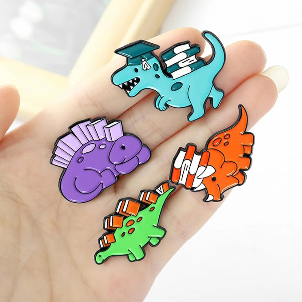 Happyyami 5 szt. kreskówkowa broszka przypinka dinozaur dinozaur z książką, odznaka, ubrania, torby, plecaki, klapy, przypinki, dla kobiet, dziewcząt, odzież, dekoracja,, 3.3x2.8cm, Metal