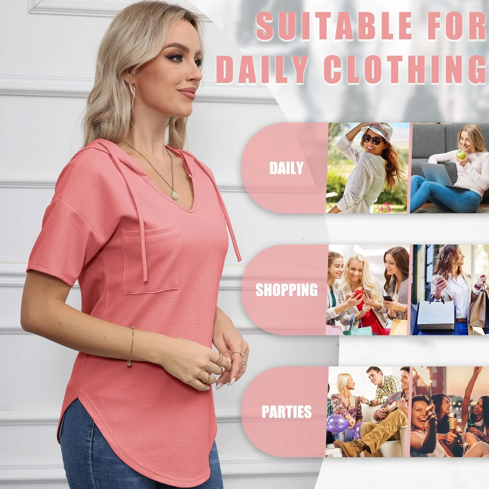 Damska bluza z kapturem topy letnie damskie topy z krótkim rękawem dekolt w serek elegancka koszula na co dzień S-XXL
