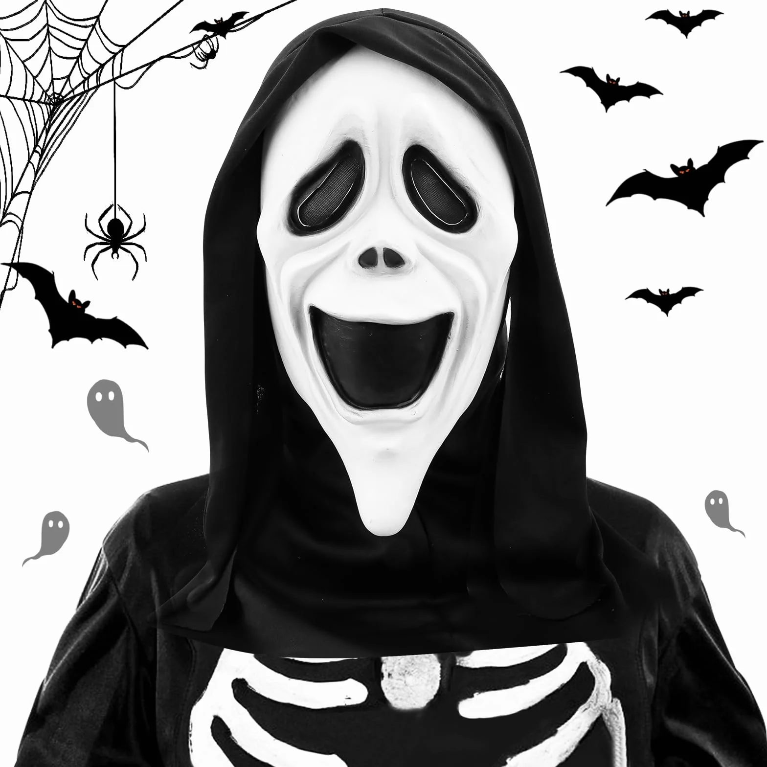 AKONE Ghostface maska na Halloween, horror, maska, krzyk, czaszka, maska na Halloween, imprezę, cosplay, maskarada, akcesoria kostiumowe, nadaje się na imprezy z horroru