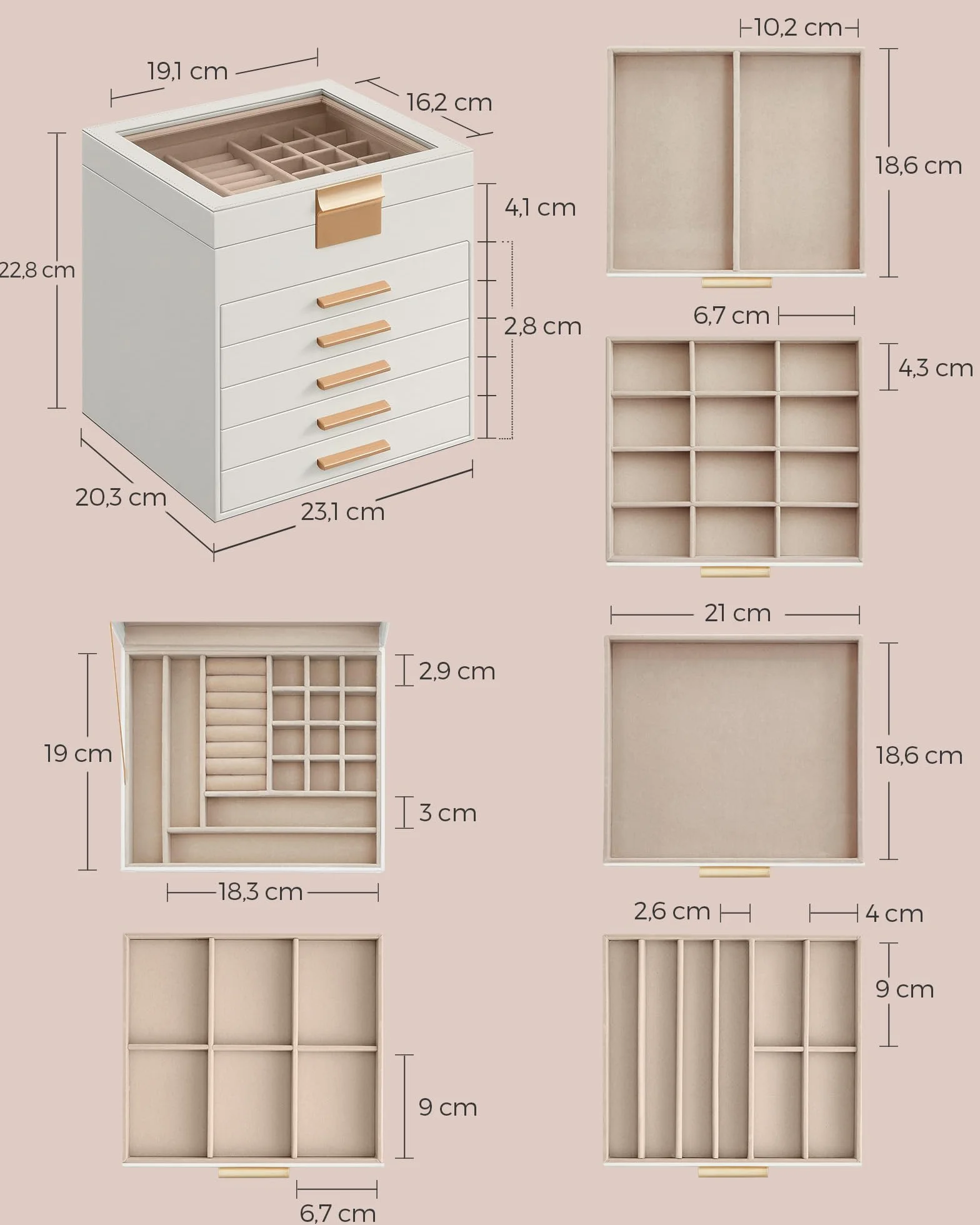 SONGMICS JBC176W01 szkatułka na biżuterię ze szklaną pokrywką, 6-warstwowy organizer do przechowywania biżuterii z 5 szufladami, dużo miejsca, nowoczesny pomysł na prezent, 20 x 23 x 22,8 cm, biały i