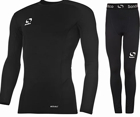 Sondico Komplet ściągaczy i koszulki bazowej dla chłopców Junior Football Core Baselayer (Czarny długi rękaw z spodniami, 13 lat)