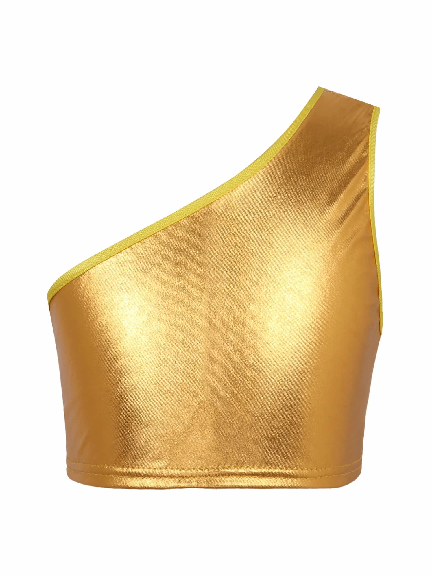 Dziewczęcy metaliczny crop top błyszczący top na jedno ramię top bez rękawów taniec tank top konkursy