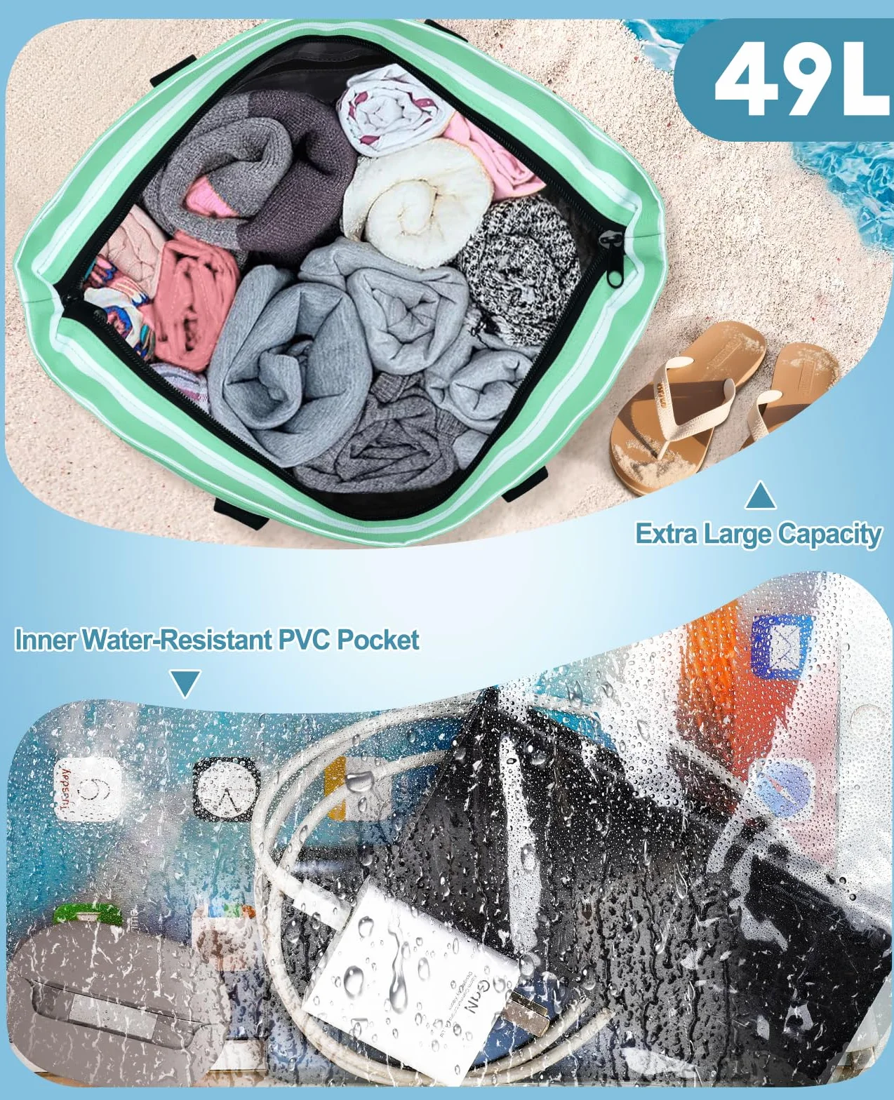 ISEYOU Torba plażowa XXL z torbą chłodzącą, duża torba plażowa z zamkiem błyskawicznym, wodoszczelna, odporna na piasek, torebka damska, 49 l, składana torba kąpielowa, na urlop, podróż, do studia