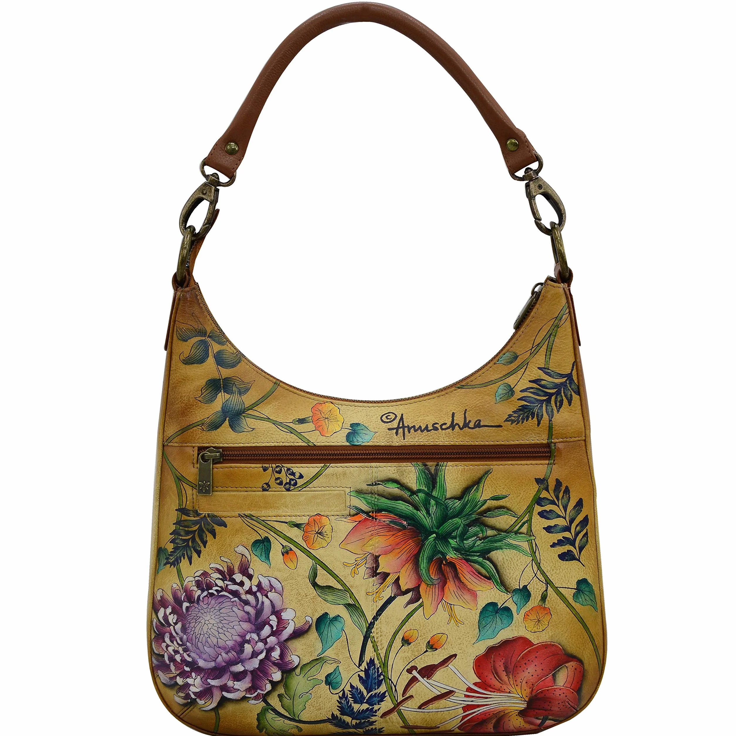Anuschka Ręcznie malowane damskie skórzane kabriolet slim hobo z paskiem crossbody - zamek błyskawiczny od góry, wiele kieszeni