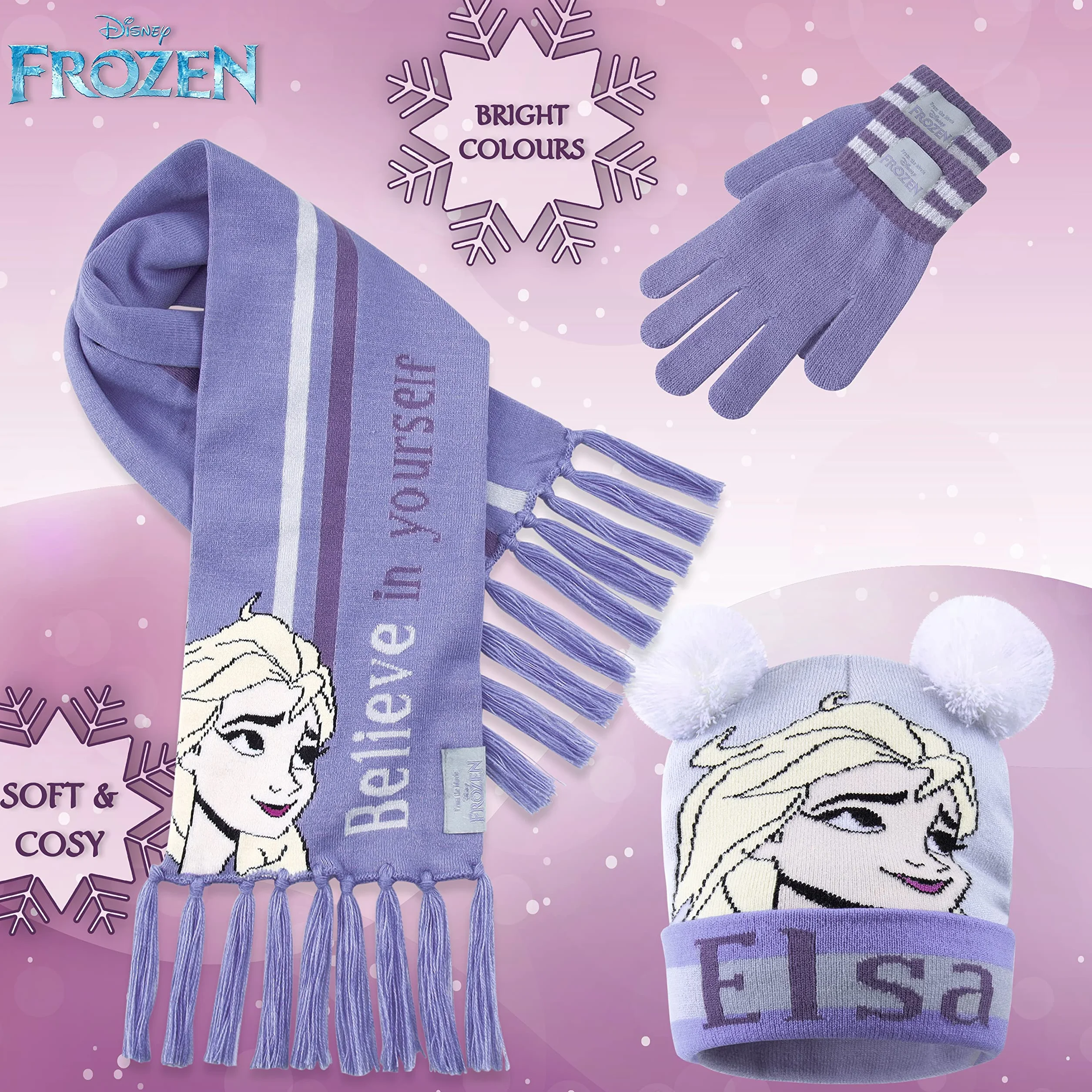 Disney Czapka beanie, szalik i rękawiczki, zestaw dla dzieci, Frozen Gifts dla dziewcząt, Fioletowy, Rozmiar uniwersalny