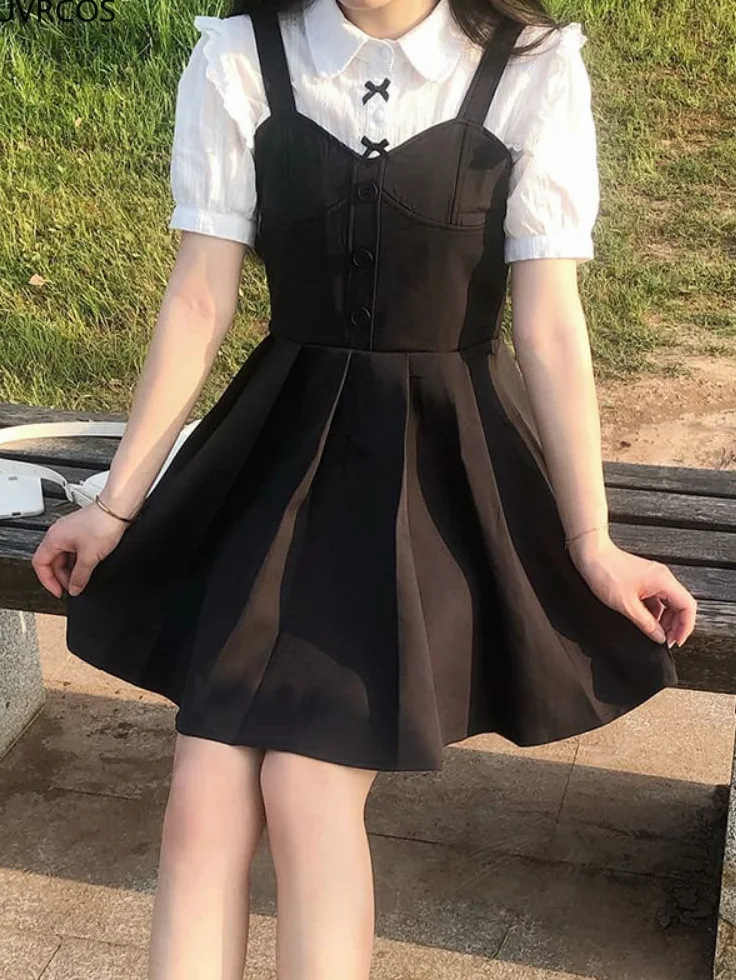 Biała koronkowa bluzka damska gotycki styl preppy vintage kołnierz Piotruś Pan koszula z krótkim rękawem dziewczyna lato śliczny top