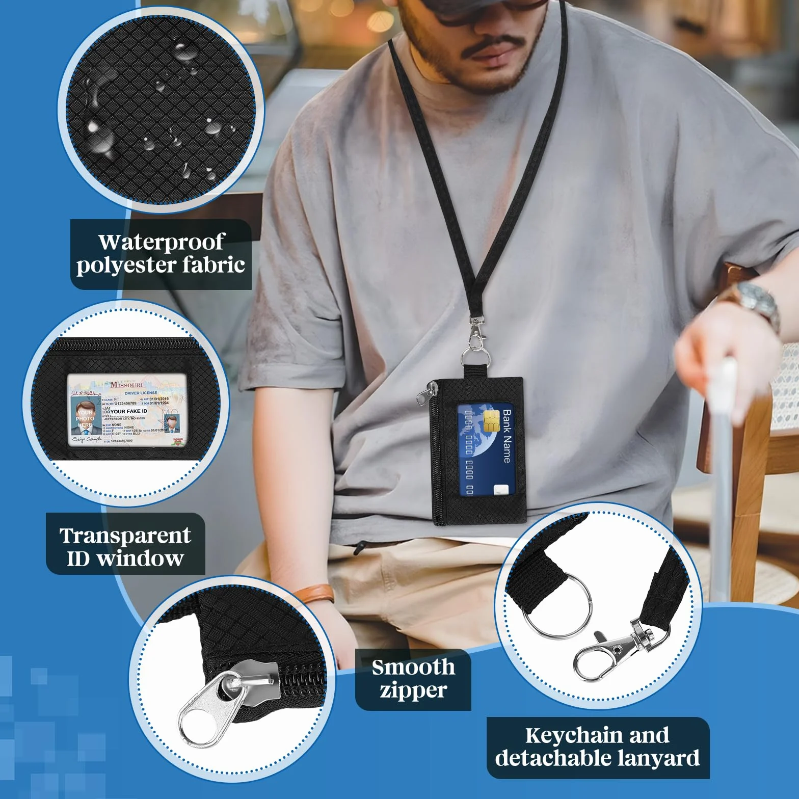 2 sztuki saszetek na piersi z ochroną RFID, antykradzieżowy portfel podróżny, wodoszczelny, kieszeń na piersi, mały portfel z 2 teleskopowymi klamrami na dowód osobisty, karty kredytowe