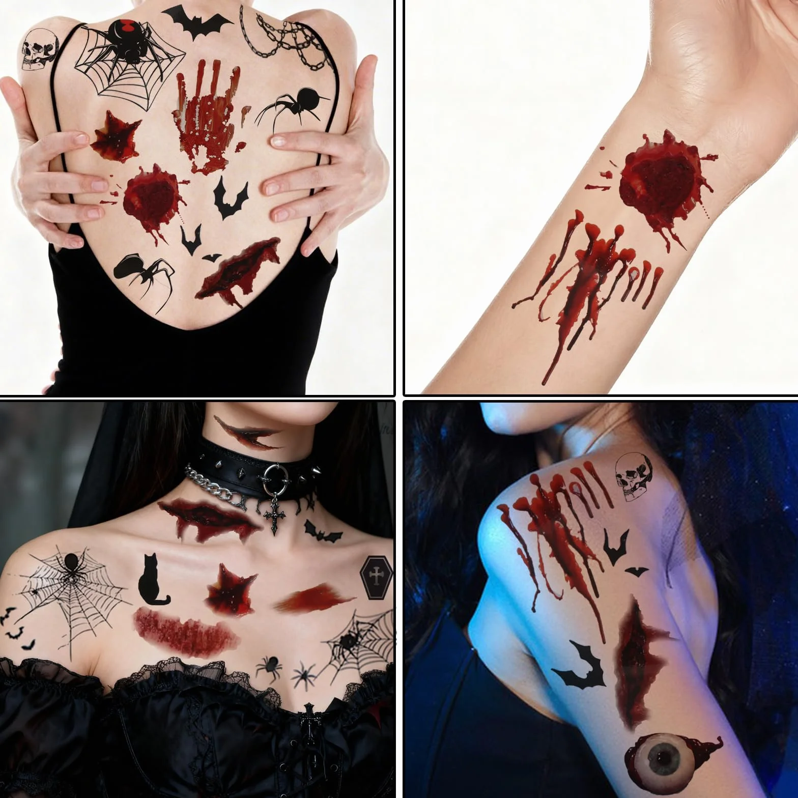 12 arkuszy tatuaży na Halloween, kostium dla kobiet i mężczyzn, tatuaż na twarz, blizny, rany, nietoperz, twarz, naklejki, tymczasowe tatuaże, akcesoria dla wampira, zombie, diabła, czarownicy