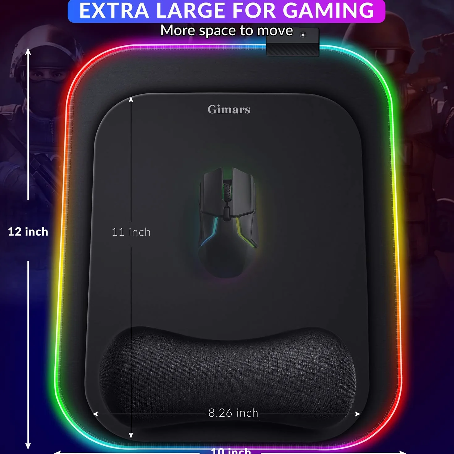 Gimars Myszka z Podpórki pod nadgarstek, 30 x 25 cm, Ergonomiczna Gamingowa Podkładka z 10 Trybami LED, Antypoślizgową Podstawą, Tkanina Lycra. RGB Oświetlenie, Wspomaganie Łokcia