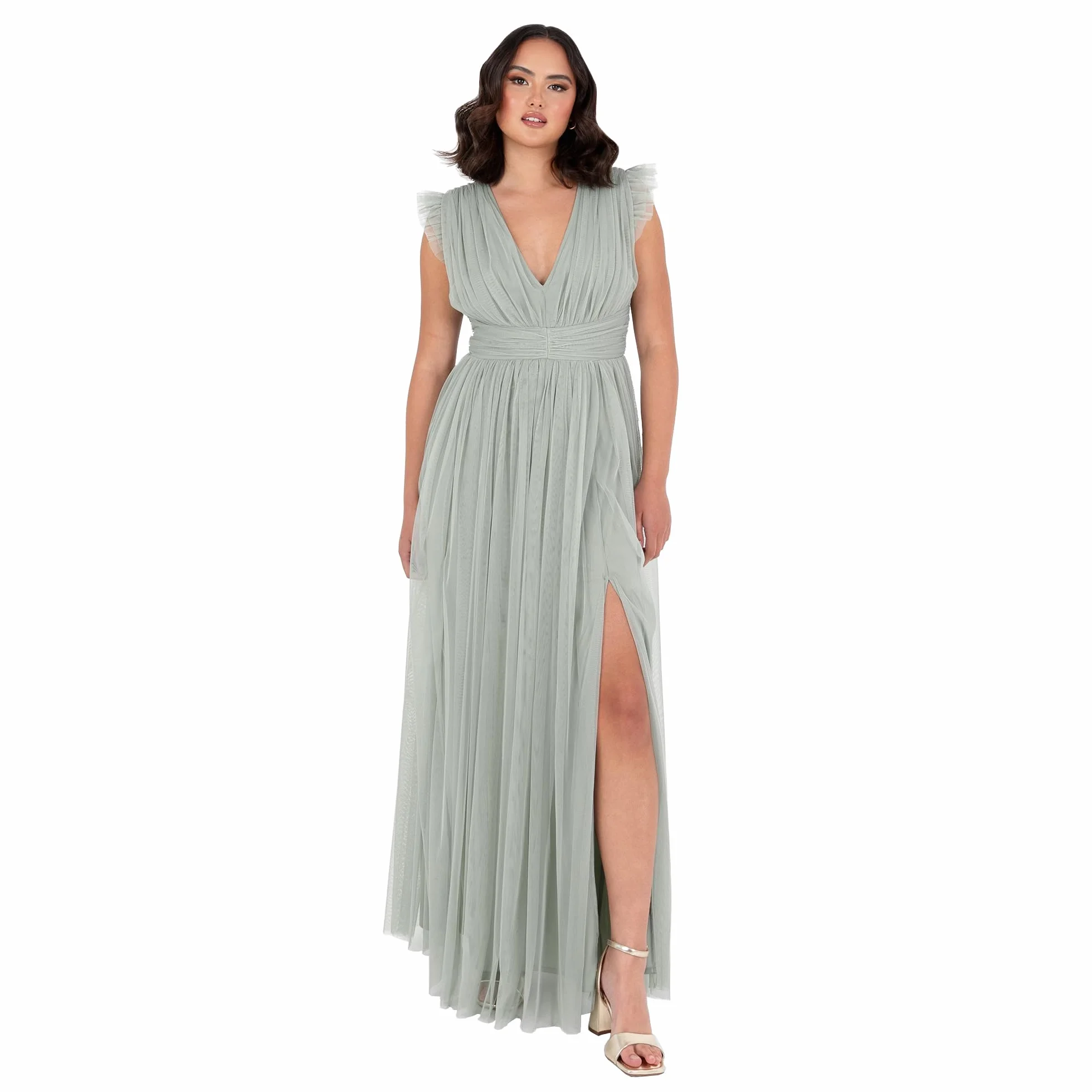 Anaya with Love Damska sukienka maxi damska z dekoltem w serek krótki rękaw split tiul linia A dla gości weselnych wieczór panieński okazja Ball Gown Kobiety, Mrożona zieleń, 52