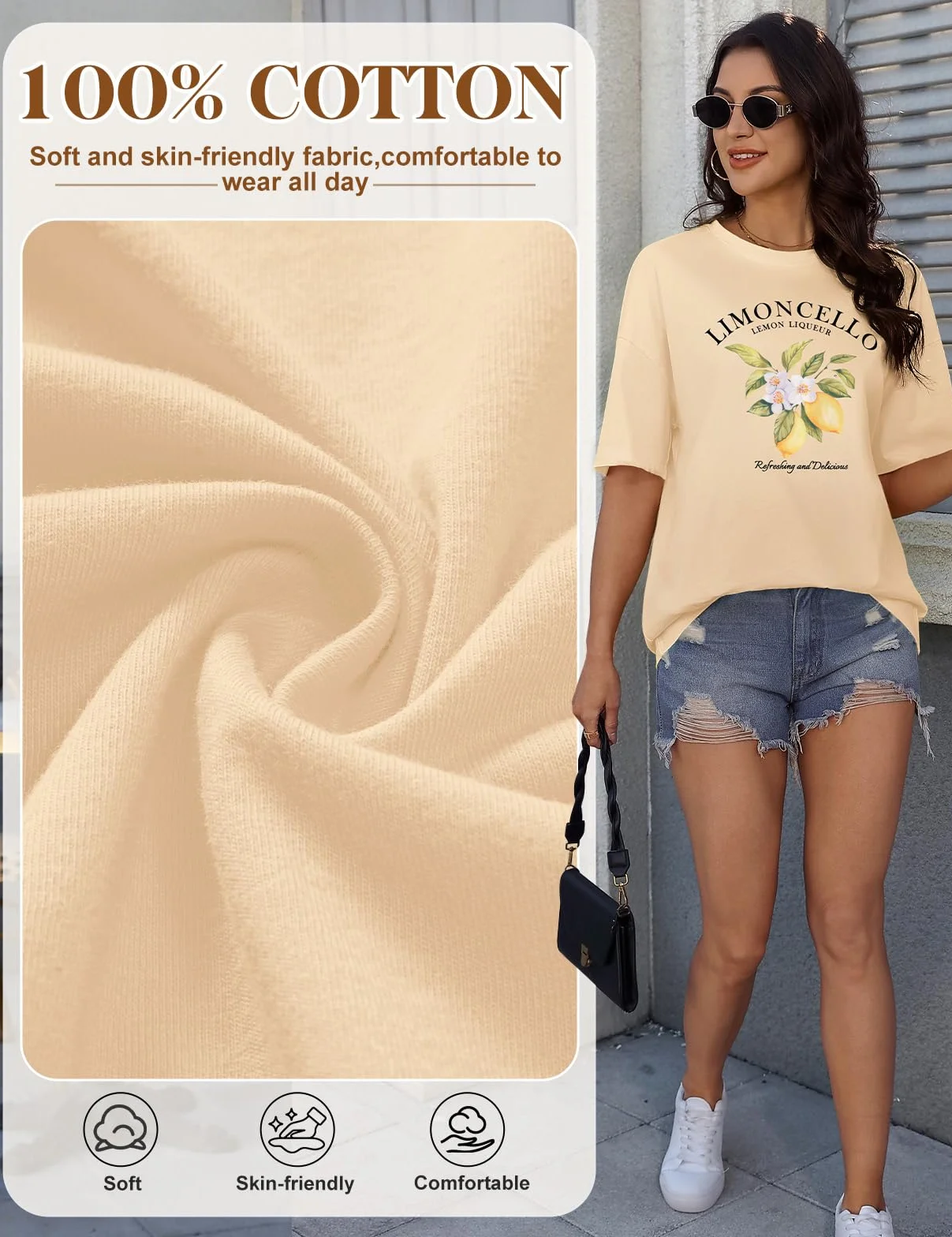 HEEKPEK Damskie koszulki oversize letnie topy bawełna codzienna koszulka z nadrukiem cytryny damskie koszulki z krótkim rękawem plus size okrągły dekolt graficzne workowate koszulki bluzka