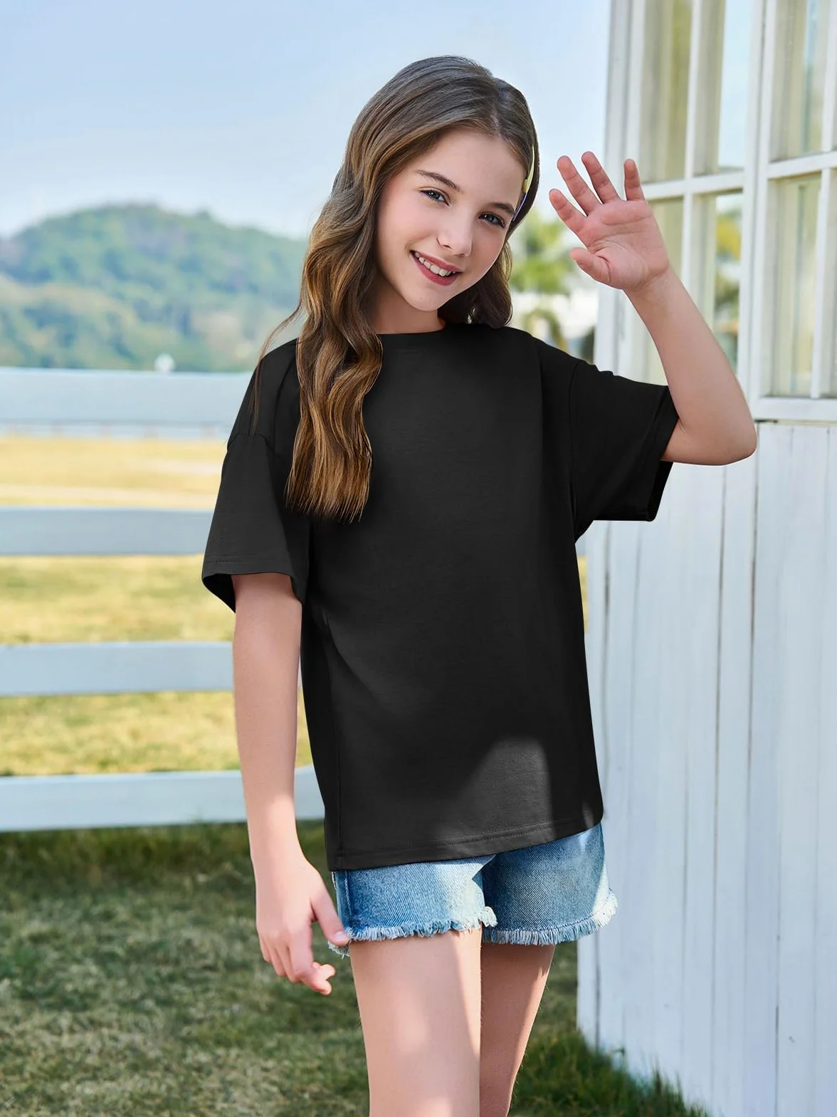 Haloumoning T-shirty dziewczęce, okrągły dekolt, krótki rękaw, jednokolorowe, na co dzień, na lato, oversize, swobodne topy basic