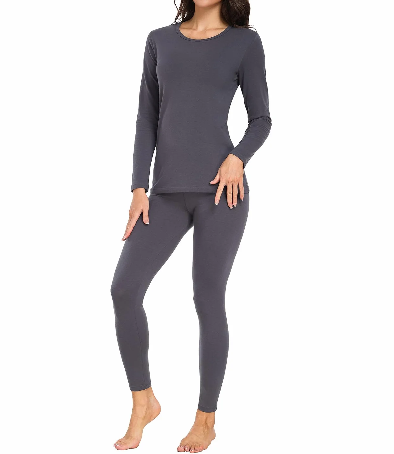 wirarpa Bawełniany zestaw termiczny dla kobiet: ciepła warstwa bazowa, lekki top z długim rękawem i spodnie od piżamy, Szary, XL