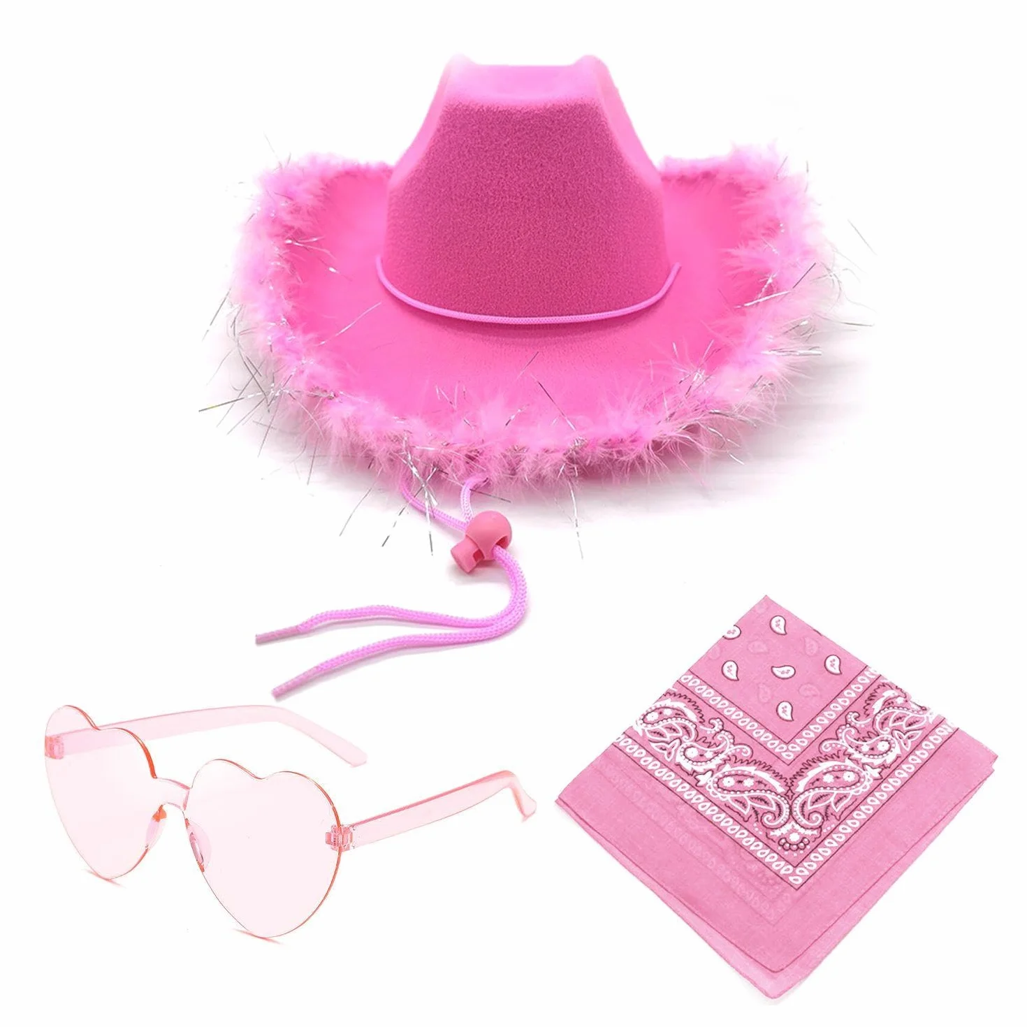 1 x damski kapelusz kowbojski, w zestawie 1 chusteczka i 1 okulary przeciwsłoneczne w kształcie serca, akcesoria do Cosplay, akcesoria imprezowe, modne akcesoria odzieżowe, Różowy, M