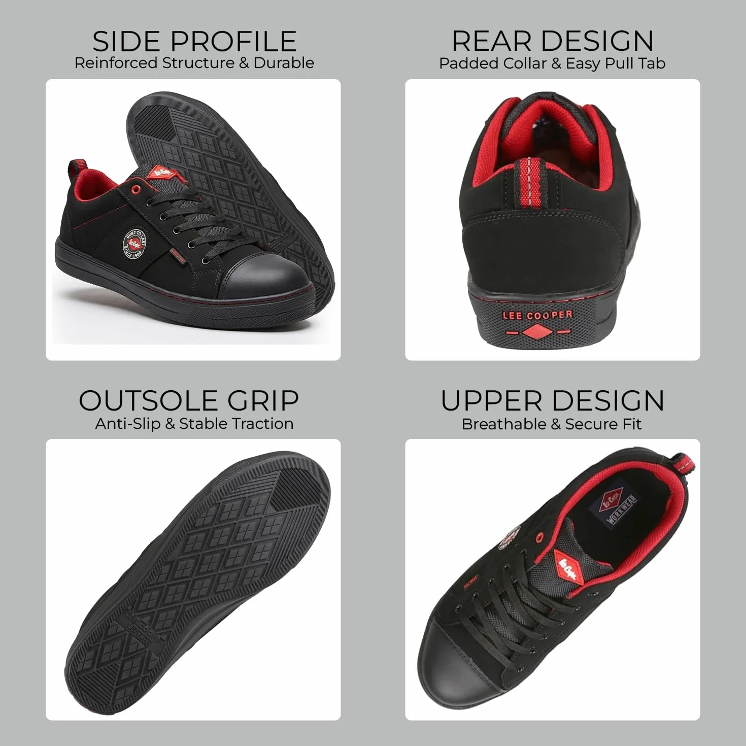 Lee Cooper ‎LCSHOE054 Unisexowe obuwie ochronne robocze SB/SRA w stylu retro baseball nowoczesny design buty robocze BHP, Czarny, 36 EU