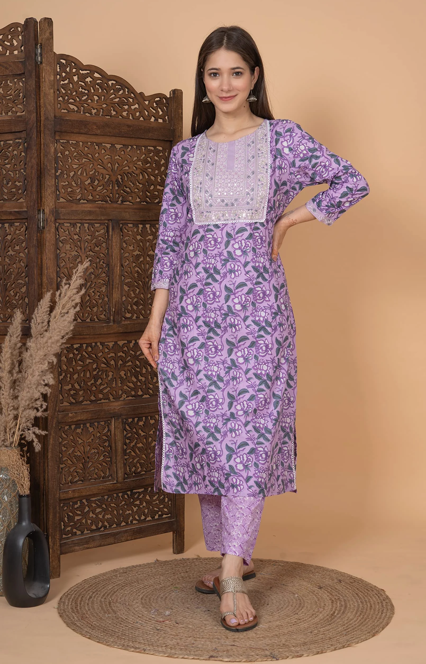 Meera Fab Damska bawełniana drukowana zielona drukowana prosty haft Kurta z Palazzo & Dupatta