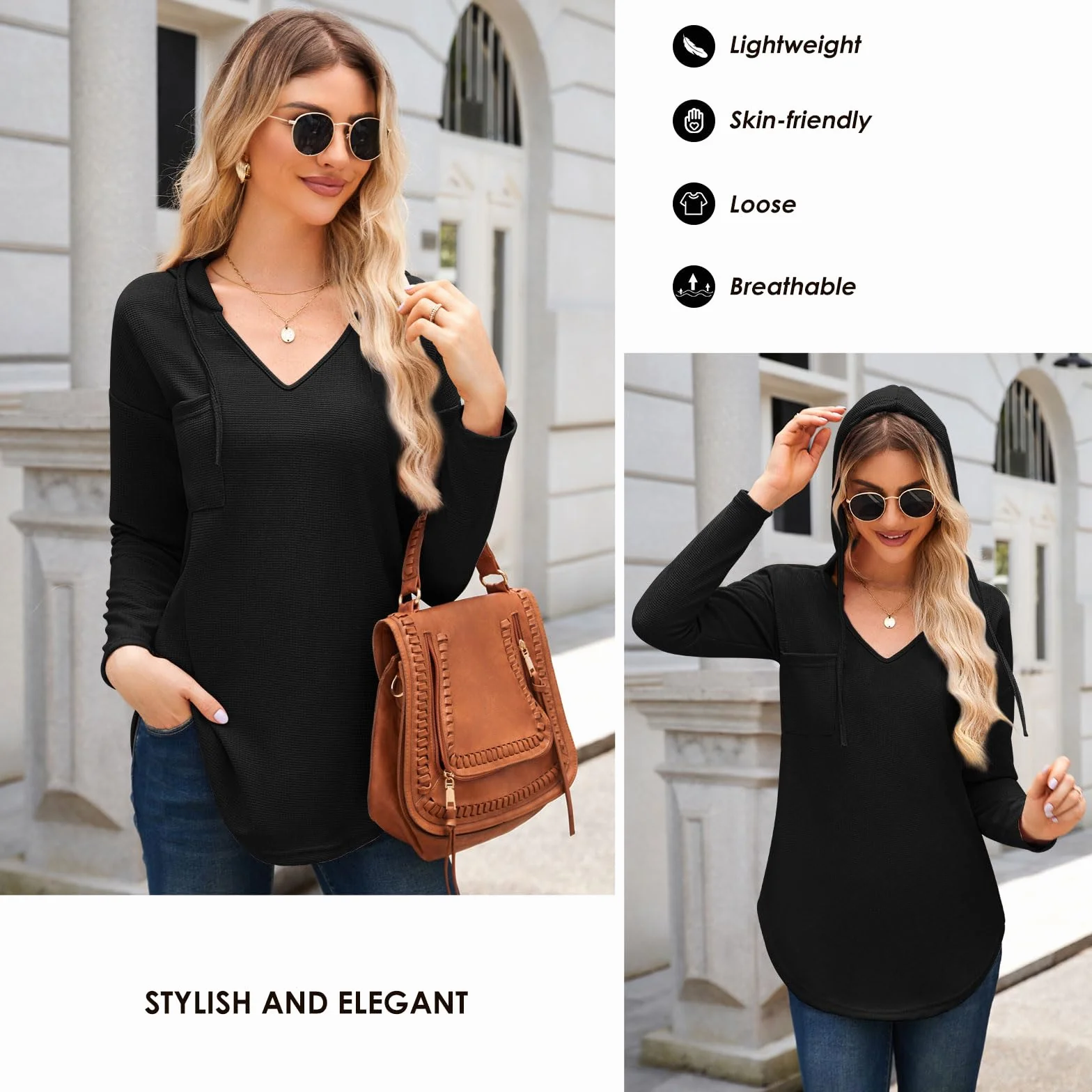 Decorie Sweter damski na jesień/zimę, bluza damska, bluza jednokolorowa, koszulka z długim rękawem, damska bluza z kapturem na co dzień