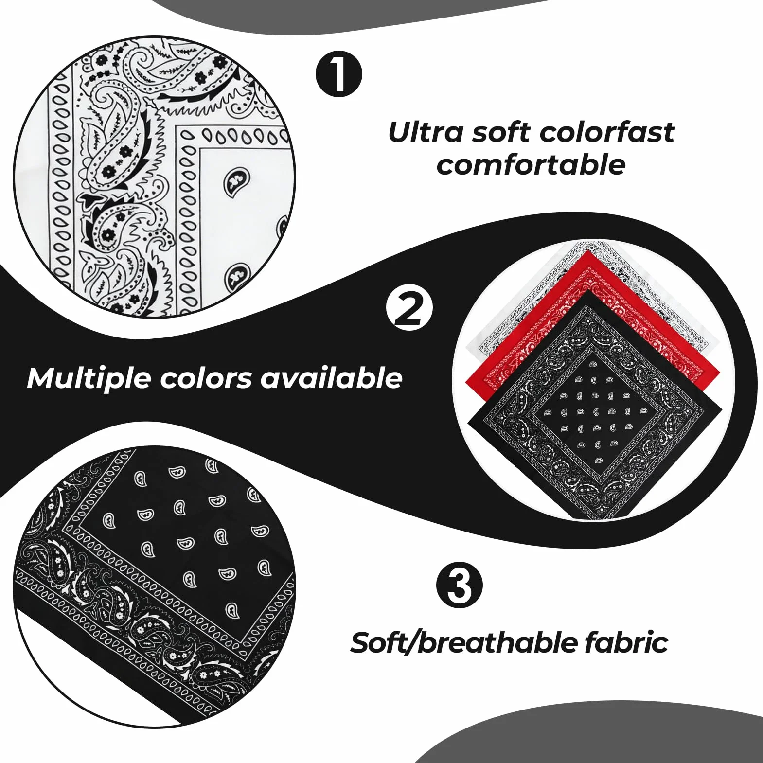 Bandana zestaw 3 sztuk, 54 x 54 cm, wzór Paisley, chusta na głowę, chusta na głowę, opaska na czoło, unisex, poliester, lekka, oddychająca, dla rowerzystów, jazdy na rowerze, na nartach