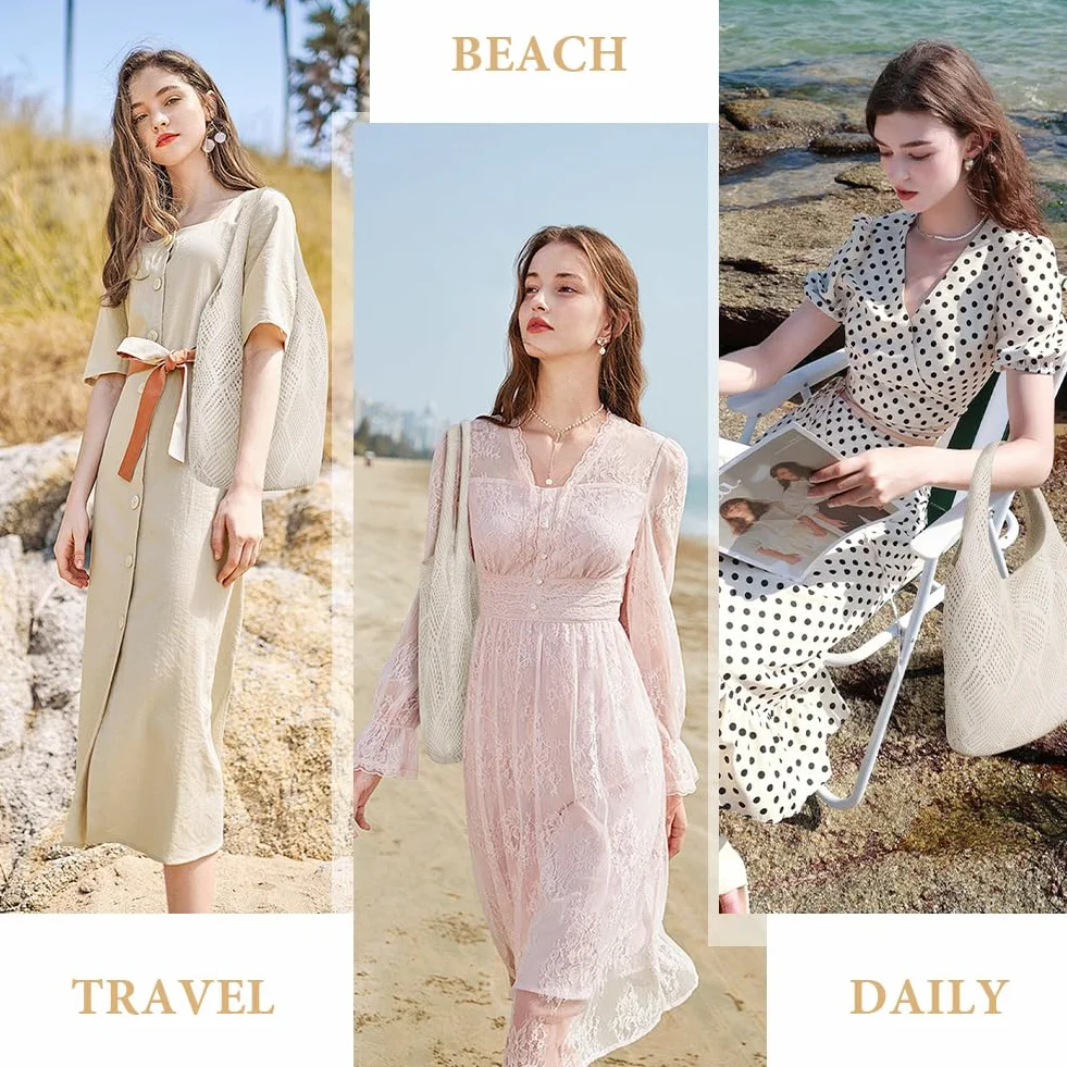 Aucuu Damskie torebki z dzianiny, retro ażurowe plecione torby na ramię, torba na ramię boho, szydełkowa siatkowa torba typu tote, torba plażowa dla kobiet, torba podróżna do zakupów na wakacje